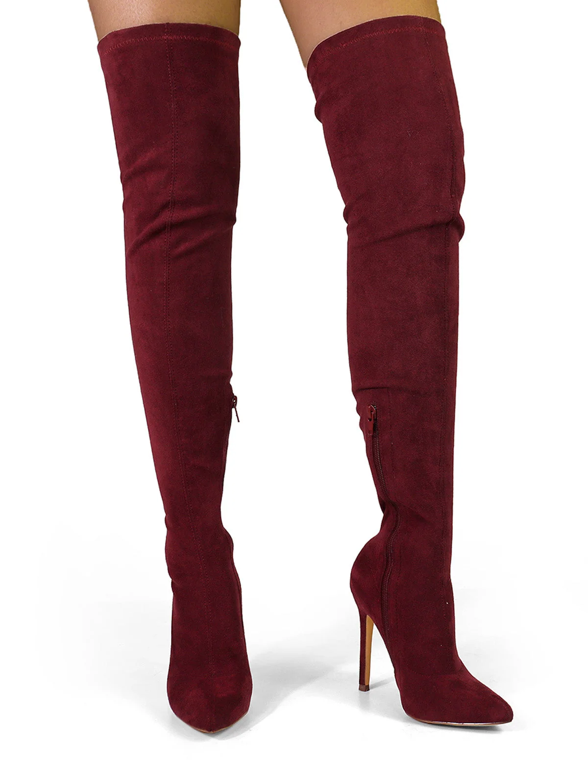 Gisele Stretchy Over-the-Knee Heeled Boots in Wine Suede