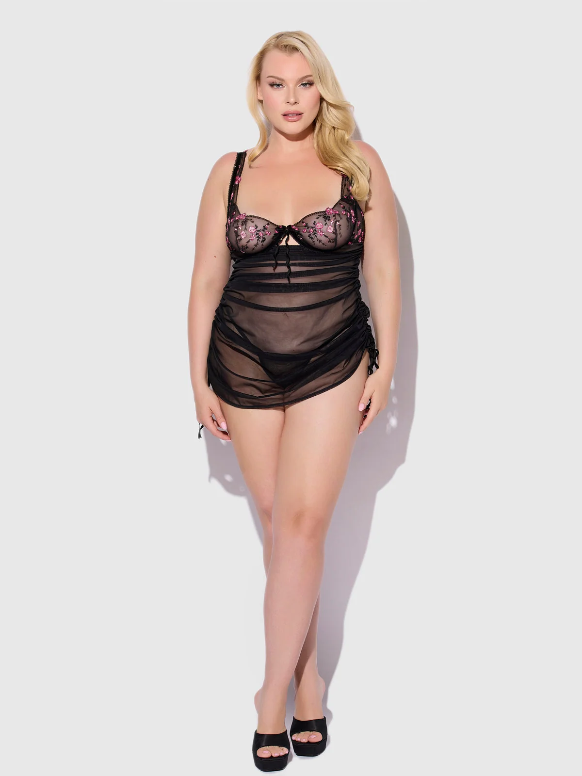 Harlow Embroidered Stretch Mesh Chemise in Black and Pink Dragon
