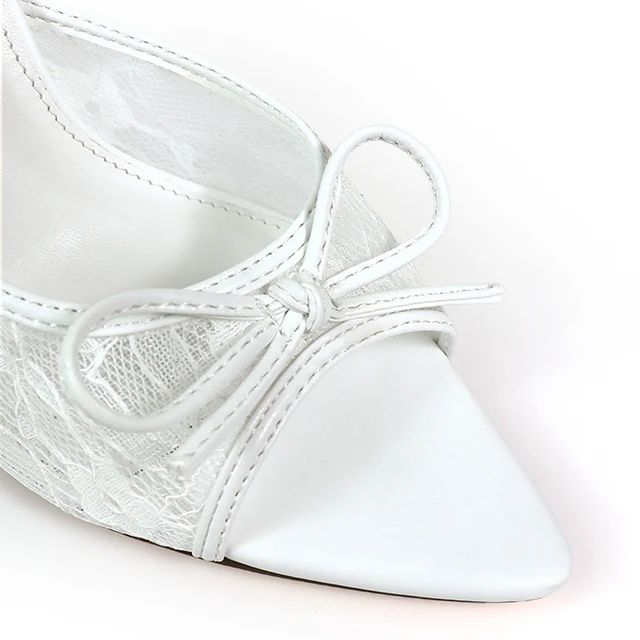 Lacey Pointed Toe Heels in White with Lace and Bow