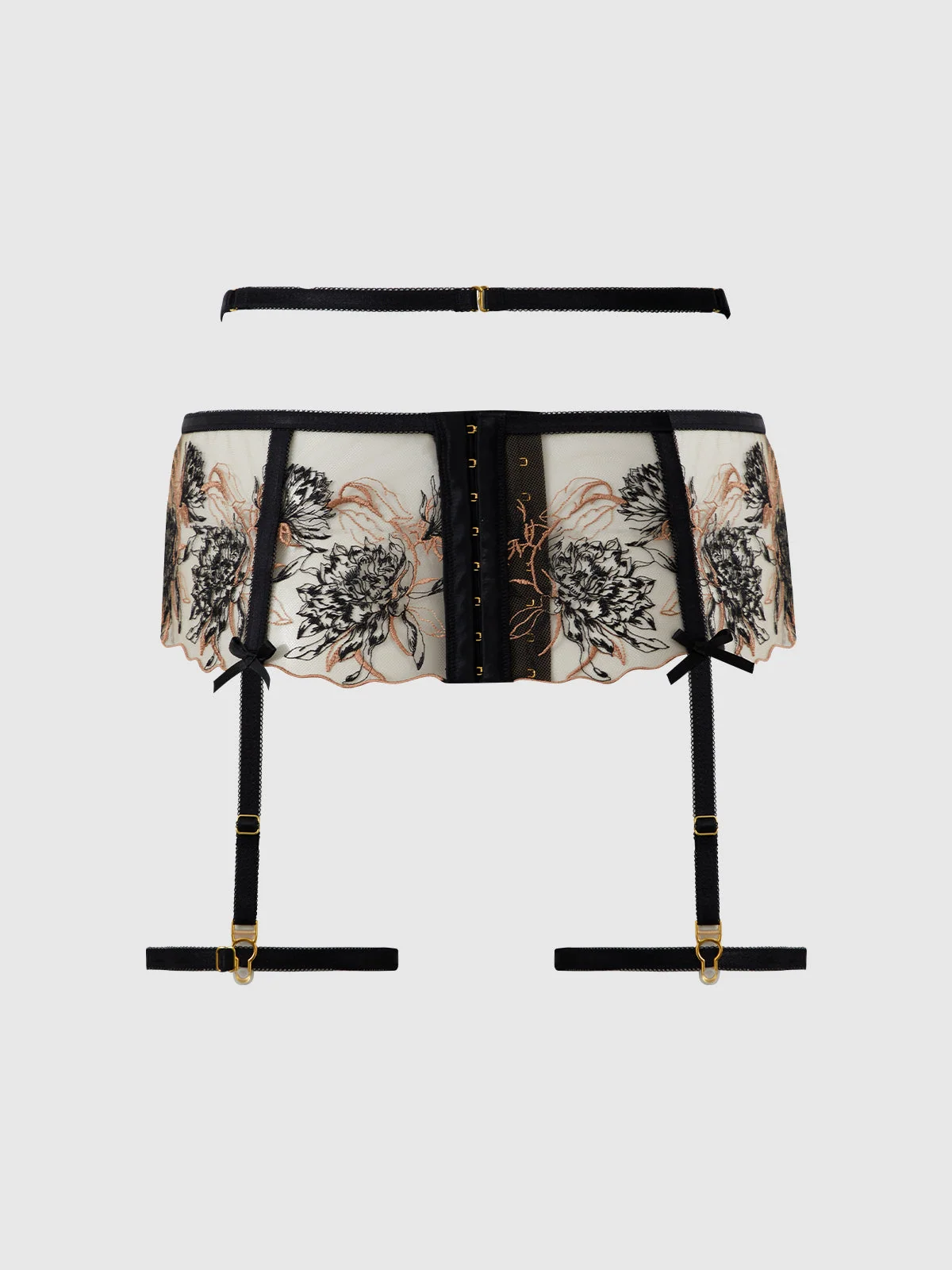 Delfina Embroidered Garter Belt With Thigh Garters in Black Taupe