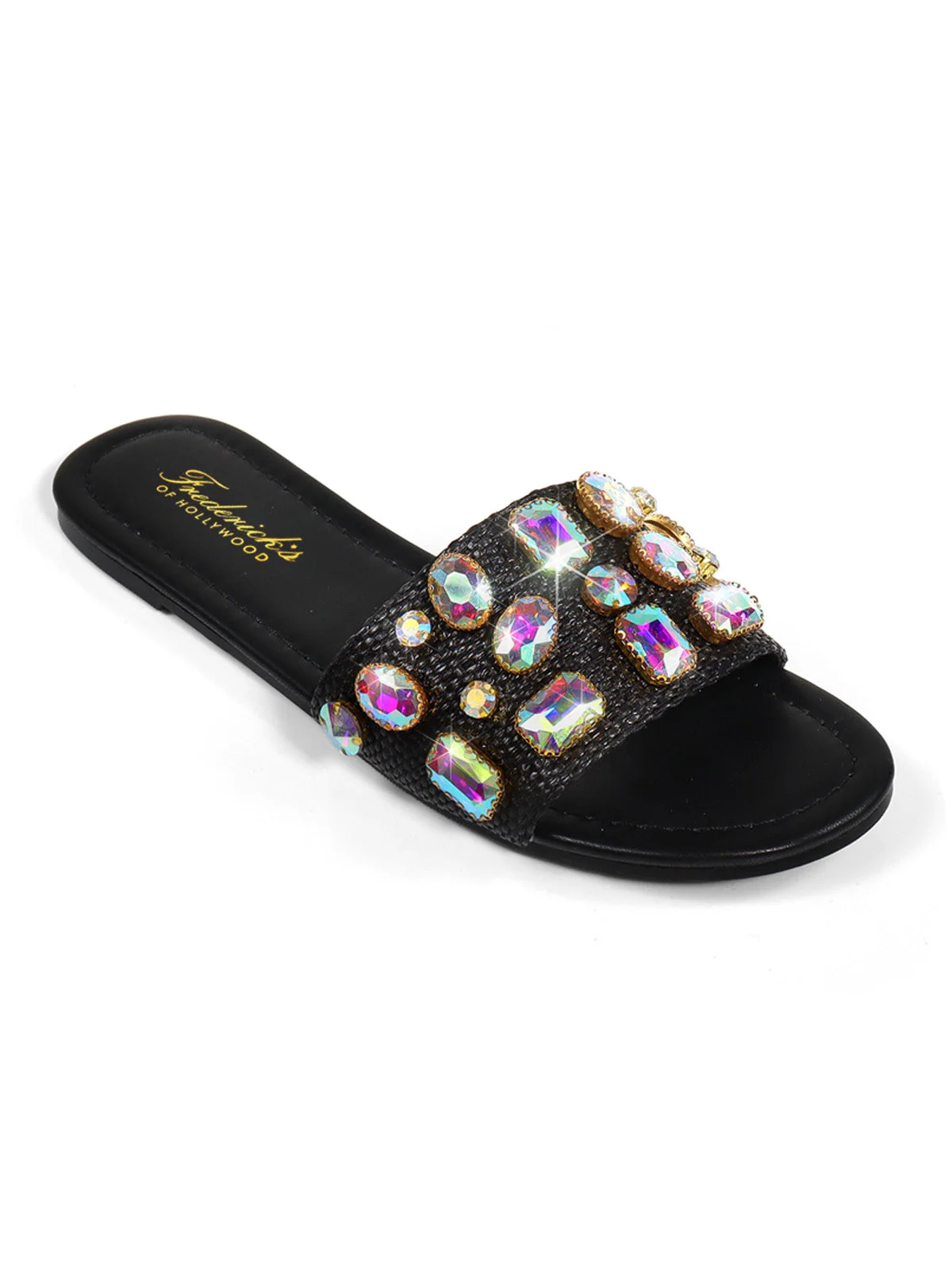 Delilah Flat Sandal with Rhinestones and Raffia Texture