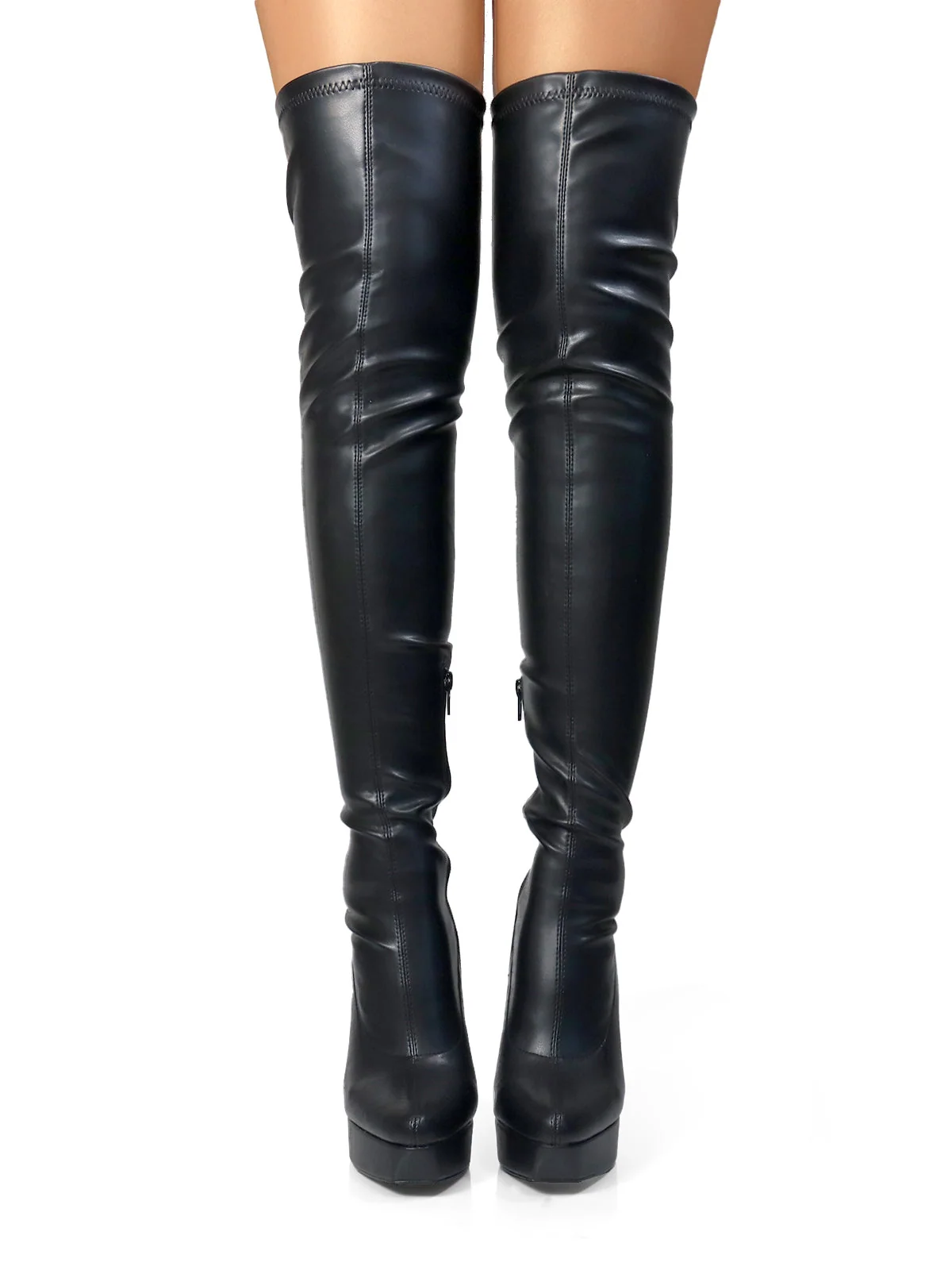 Jadore Stretchy Thigh High Boots in Black PU