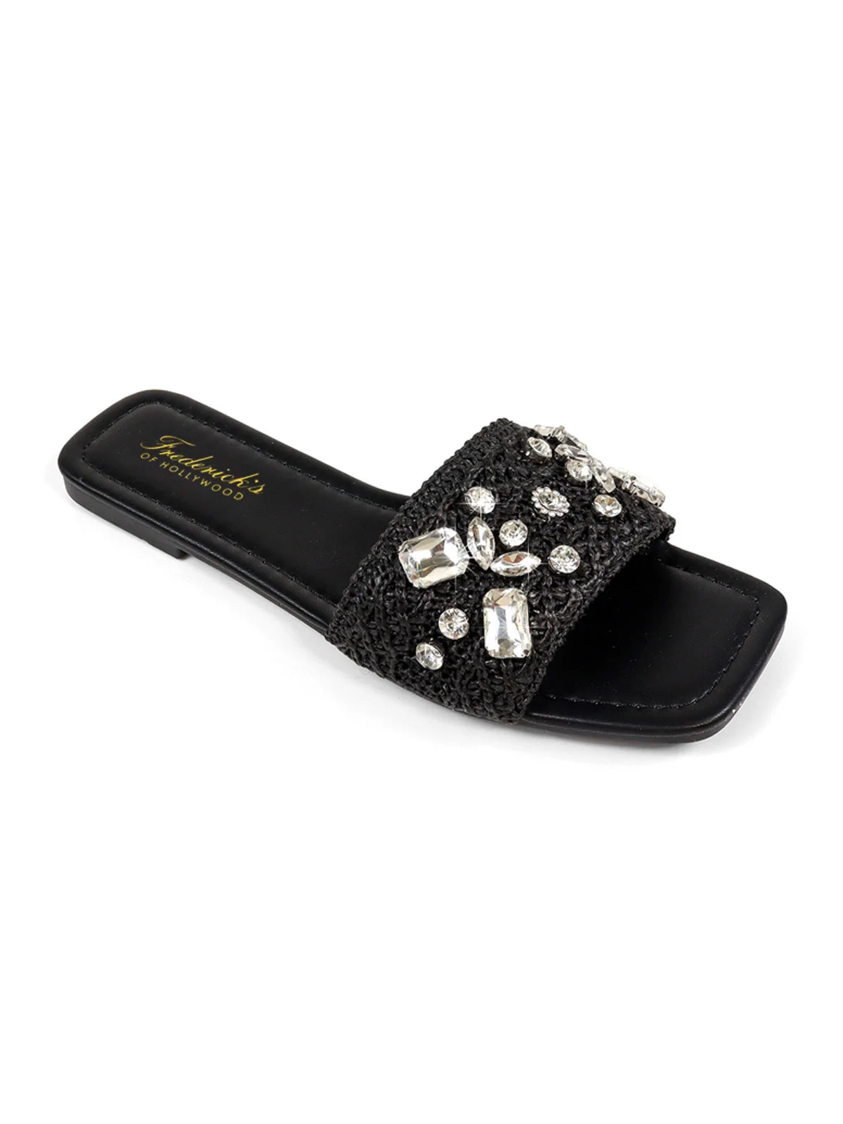 Valli Rhinestone Flat Sandal in Black with Raffia Detail