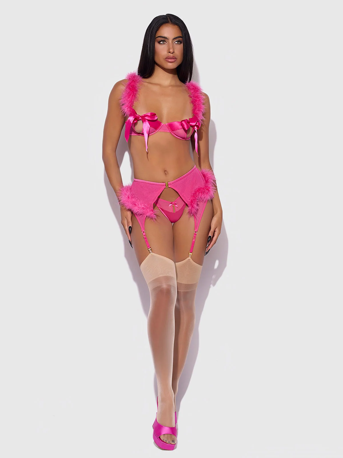 Scarlett Marabou & Mesh Garter Belt in Pink Dragon