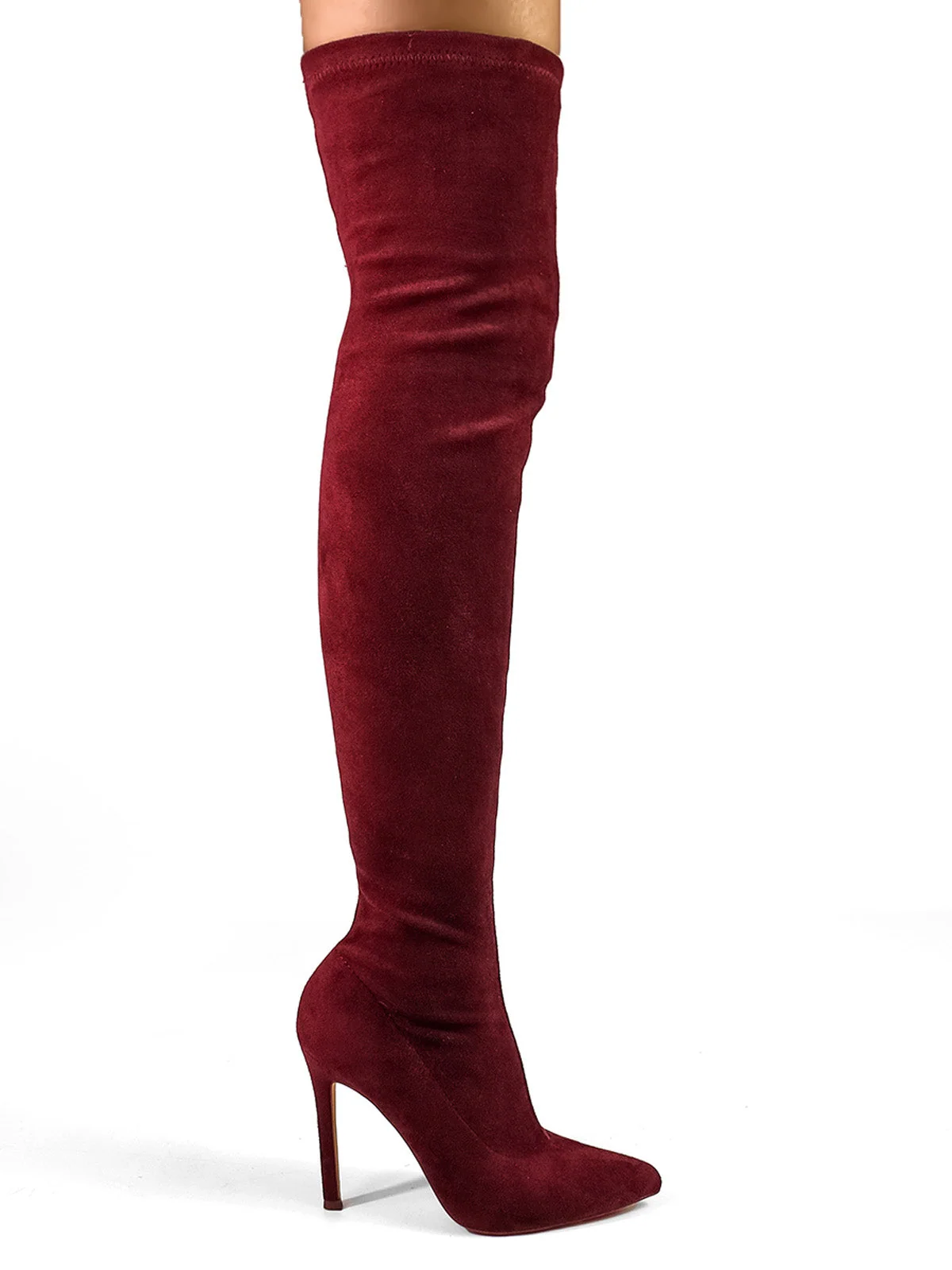 Gisele Stretchy Over-the-Knee Heeled Boots in Wine Suede