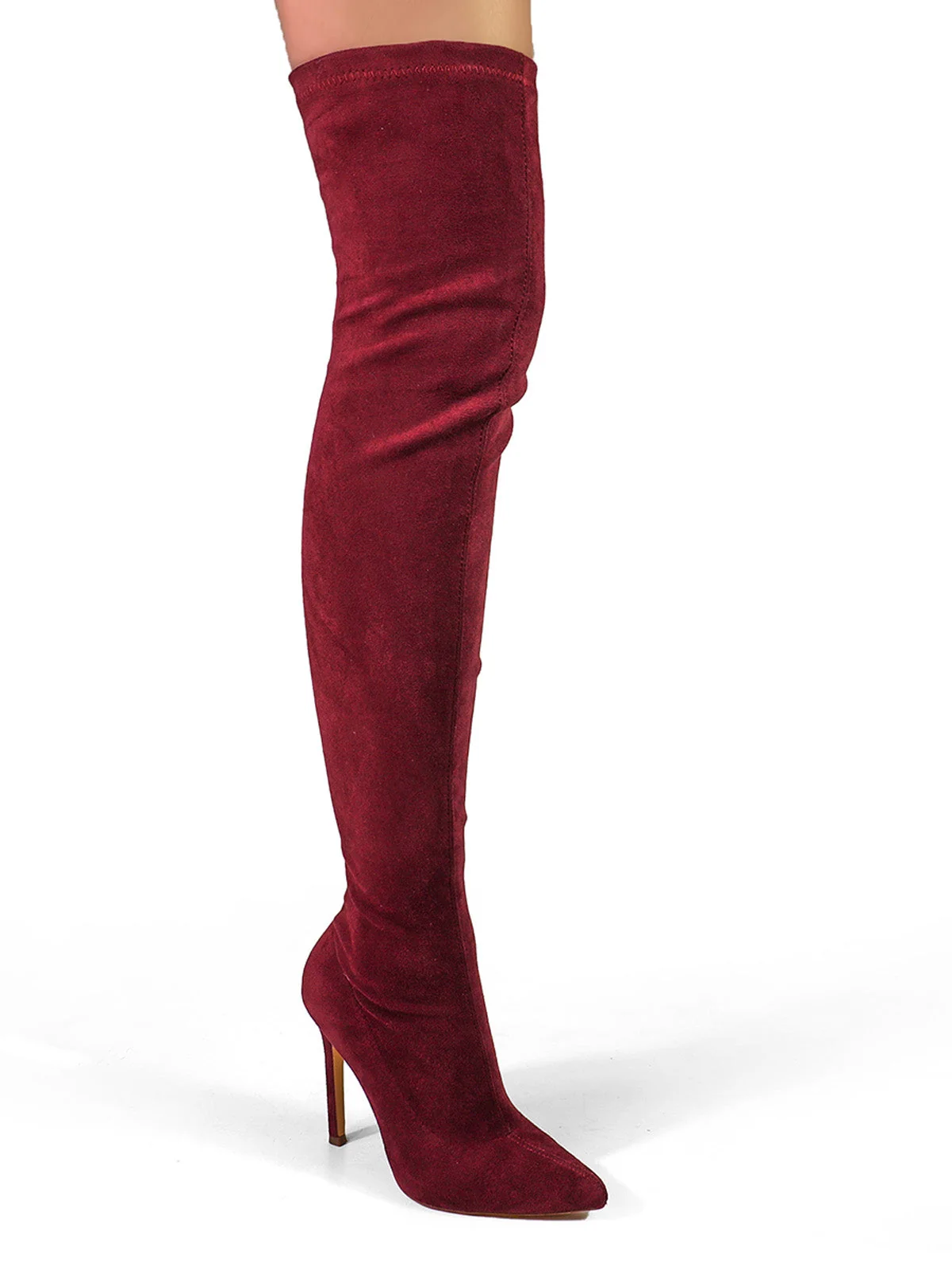 Gisele Stretchy Over-the-Knee Heeled Boots in Wine Suede