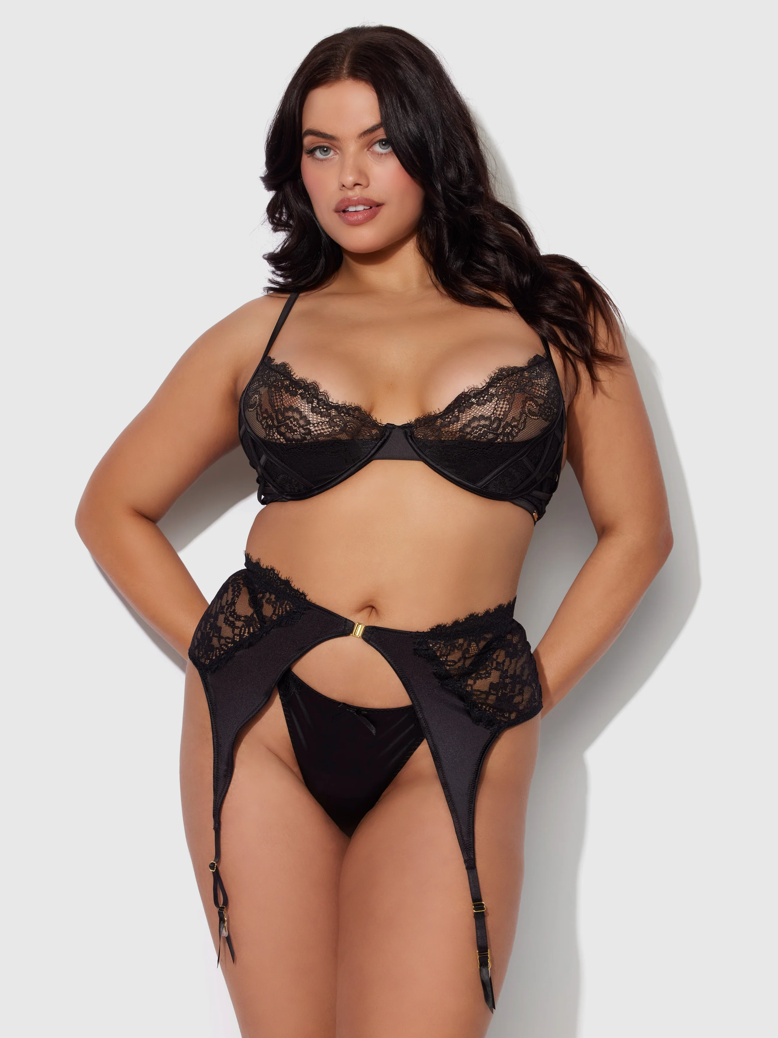 Rising Star Lace & Liquid Satin Garter Belt in Black