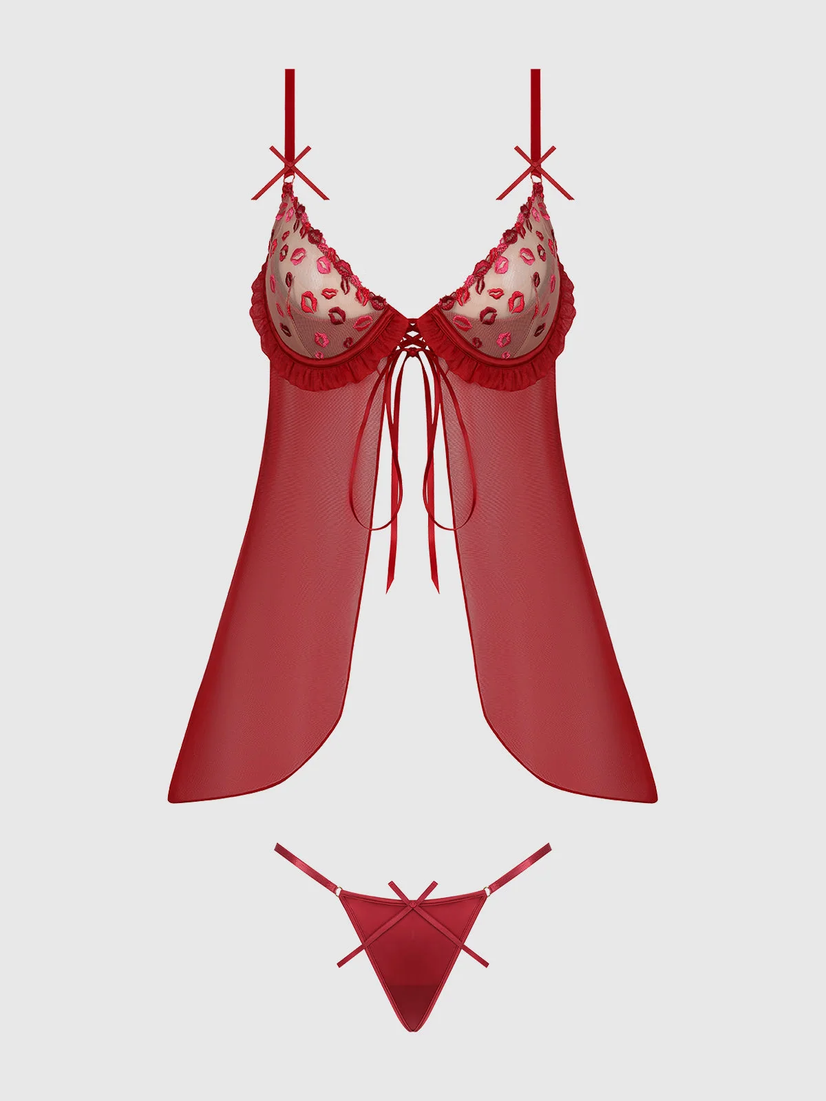 Angelica Lips Embroidery Babydoll Set with G-String