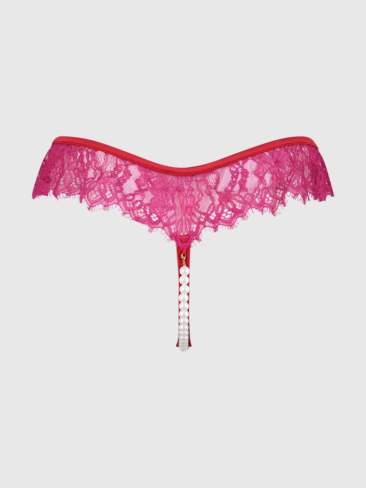 Rosalind Lace & Pearl Crotchless Thong in Crimson Red Raspberry