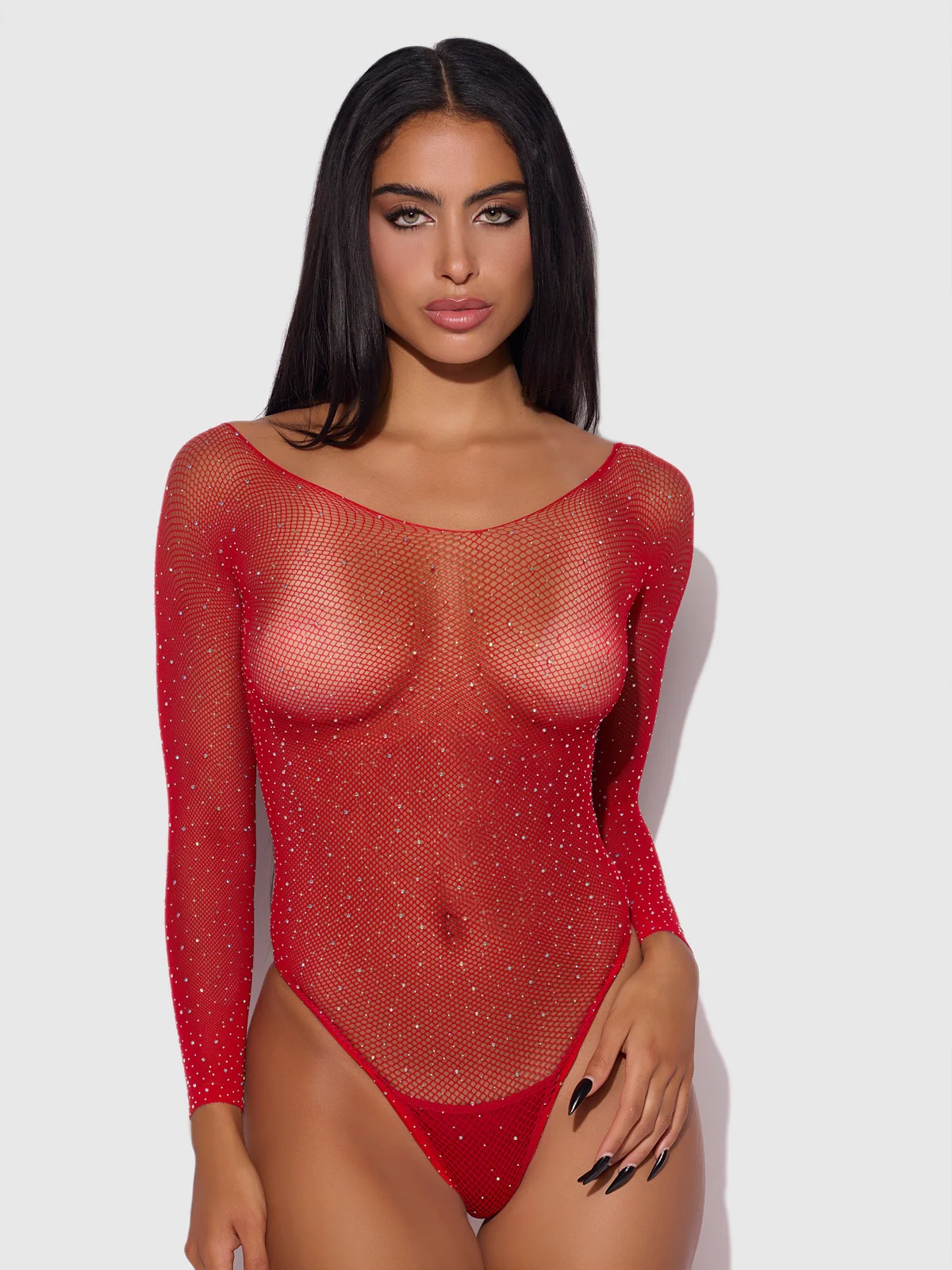 Fine Fishnet & Rhinestone Long Sleeve Teddy Bodystocking