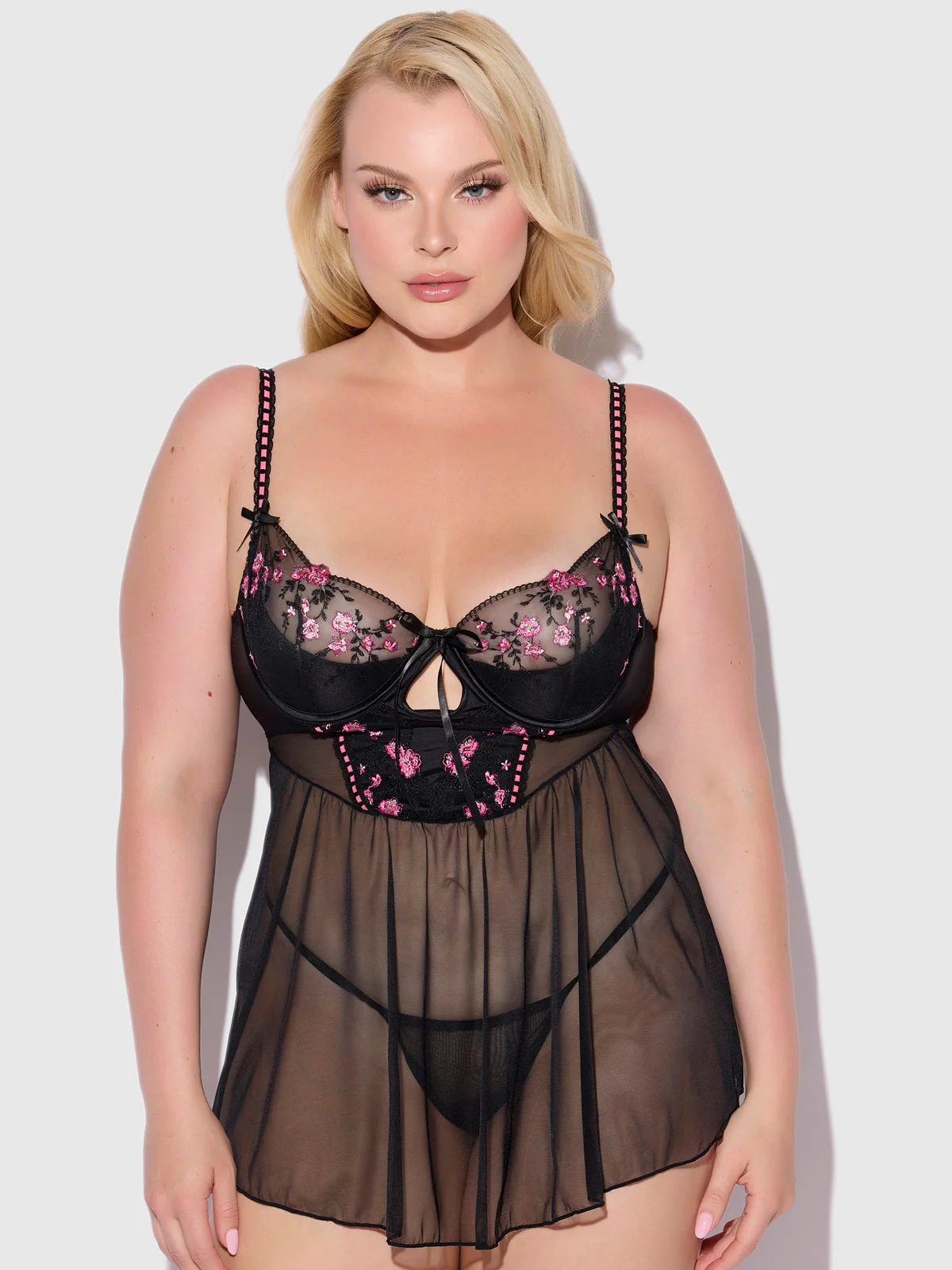 Harlow Embroidered Mesh Longline Babydoll in Black Pink Dragon