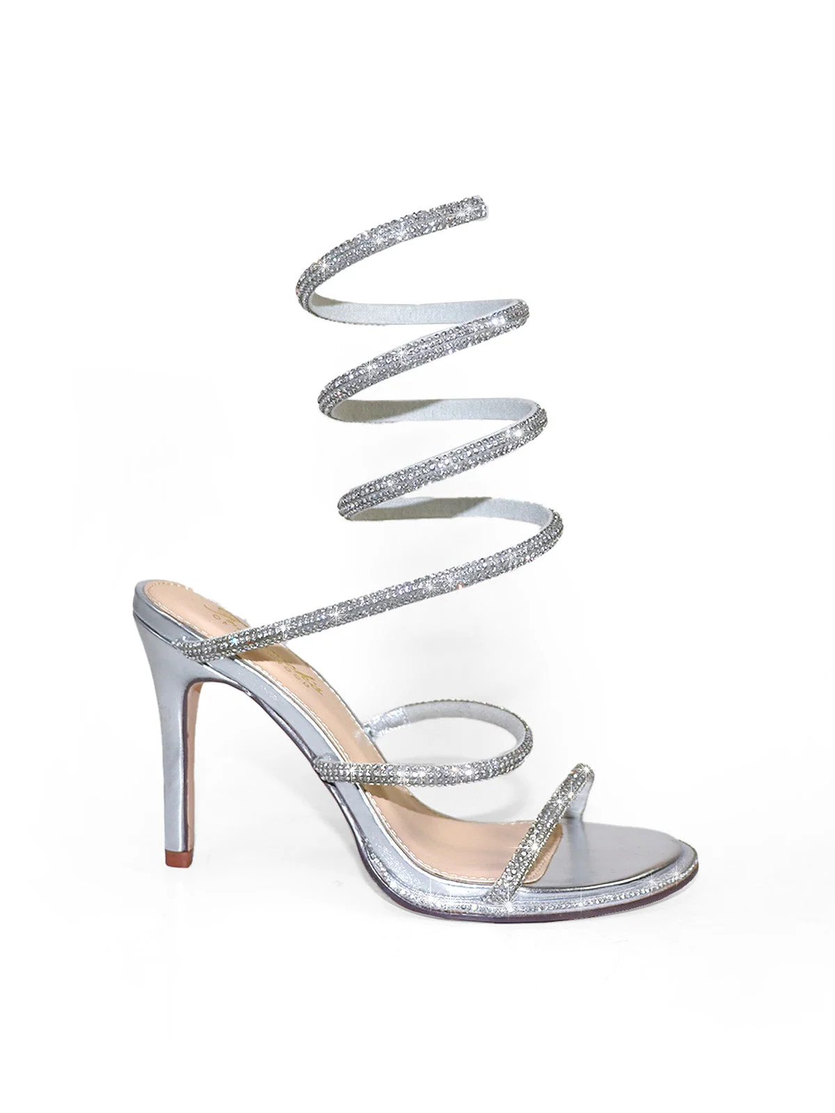 Lexia Rhinestone Open-Toe Stiletto Heel in Silver