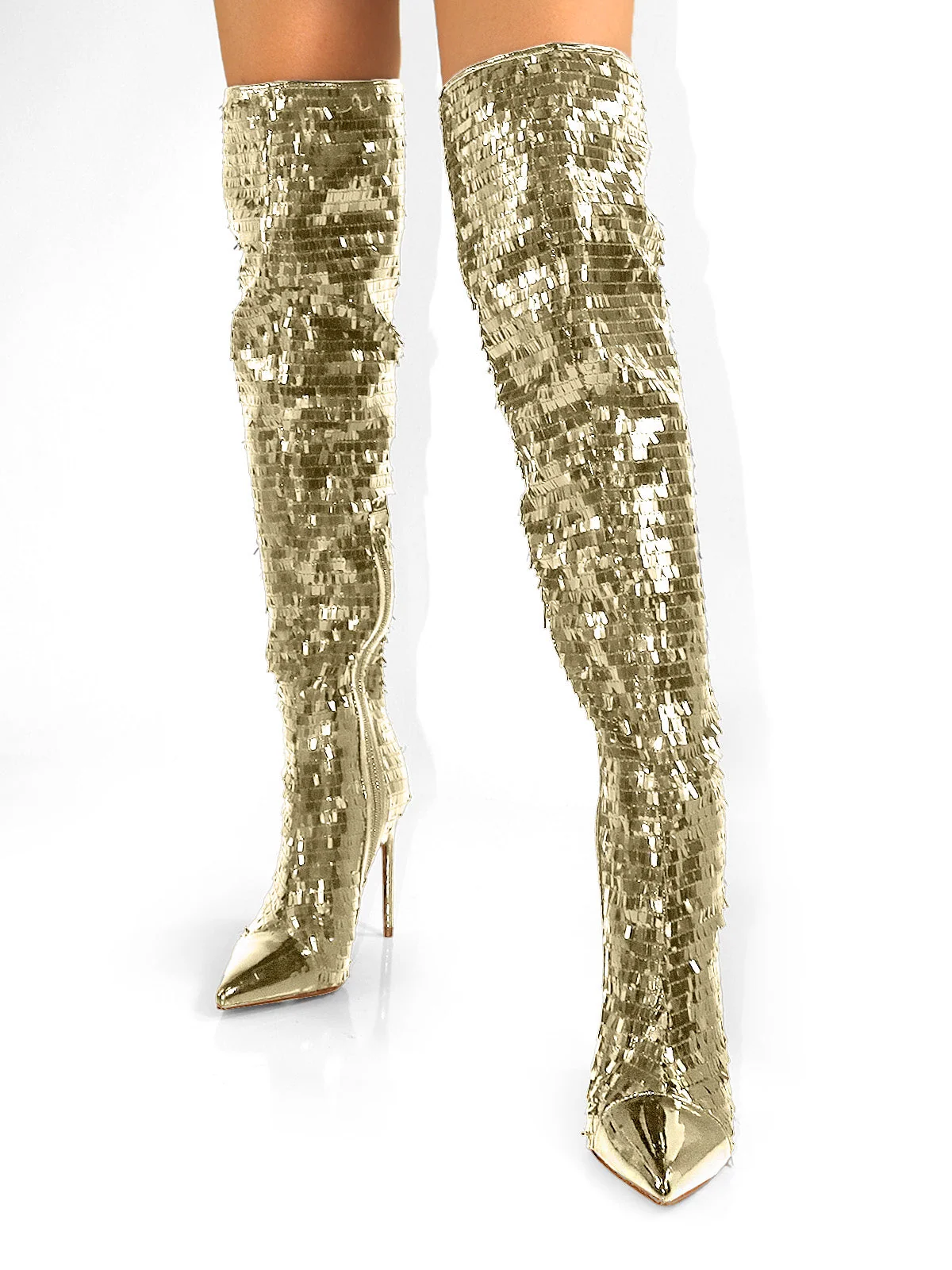 Vitoria Sequin Knee High Boots in Gold with Sleek Heel