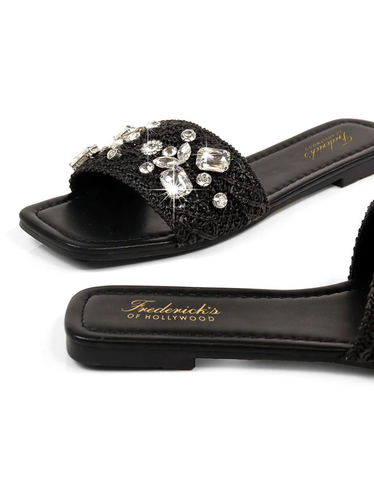 Valli Rhinestone Flat Sandal in Black with Raffia Detail
