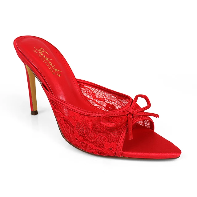 Lacey Pointed Toe Lace Bow Heels in Red