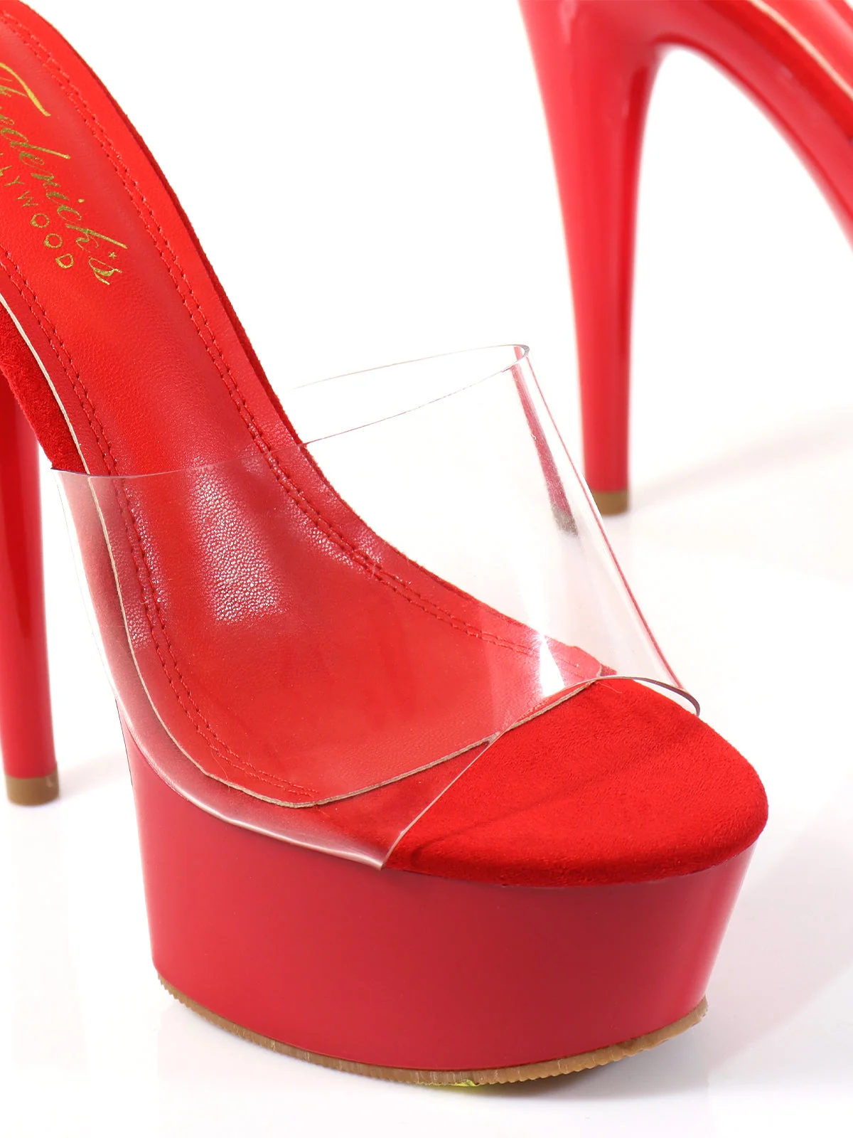 Candy High Platform Heels in Red with Clear Strap