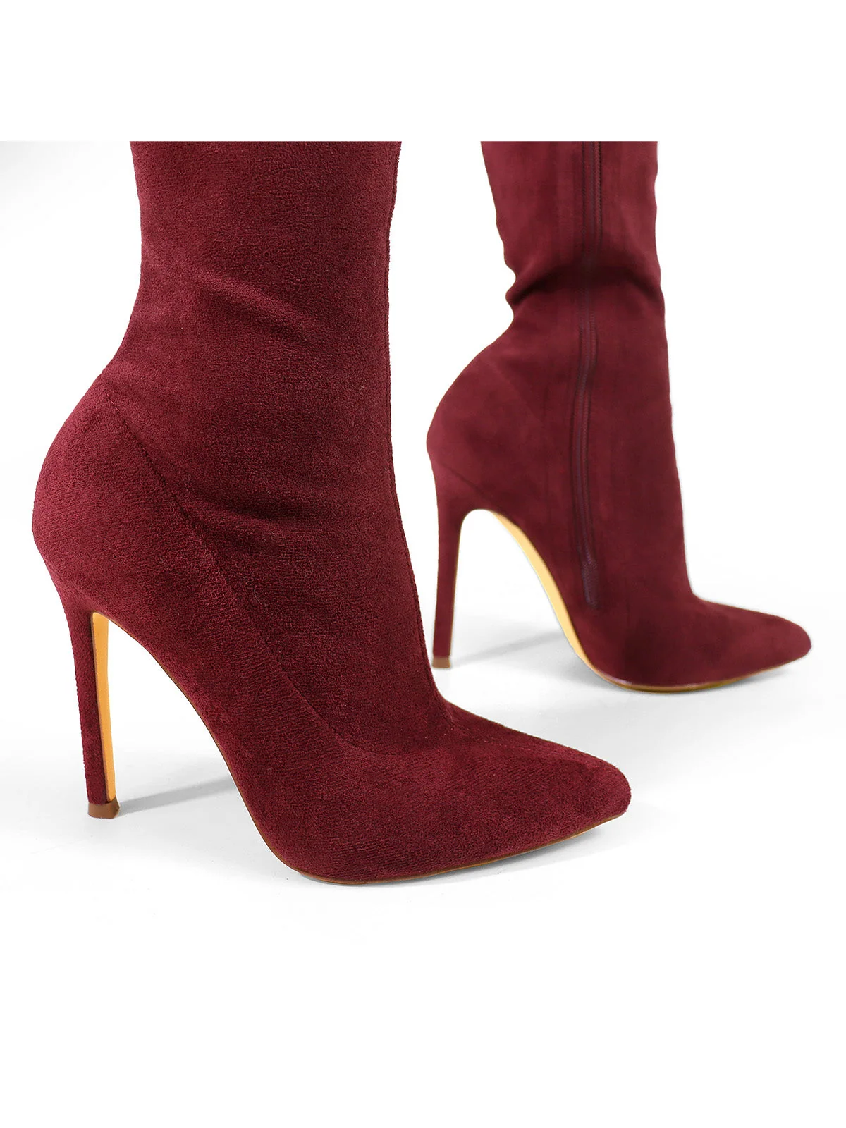 Gisele Stretchy Over-the-Knee Heeled Boots in Wine Suede