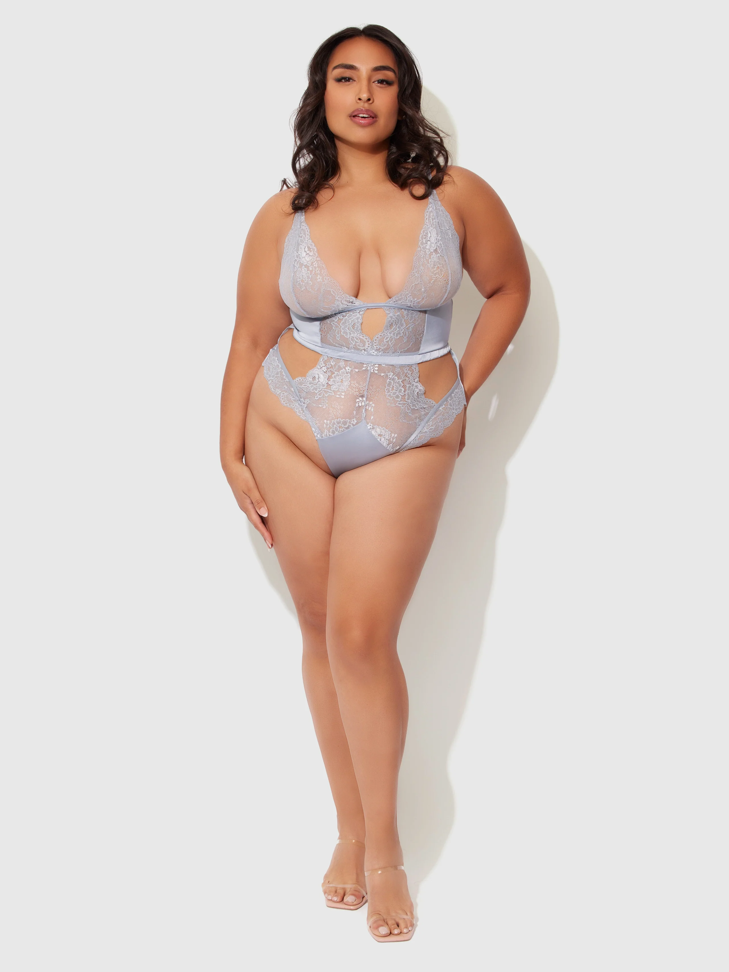 Serenity Lace and Satin Wireless Teddy in Stone Blue