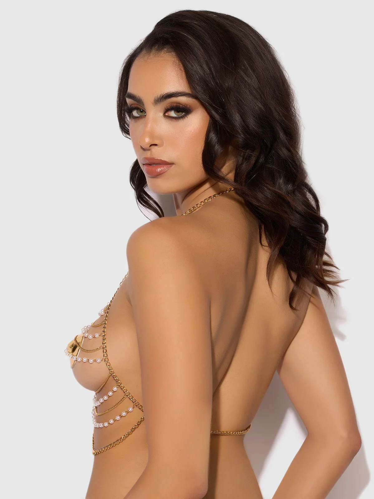 Ziggy Pearl & Chain Draped Bralette in Gold and Pearl