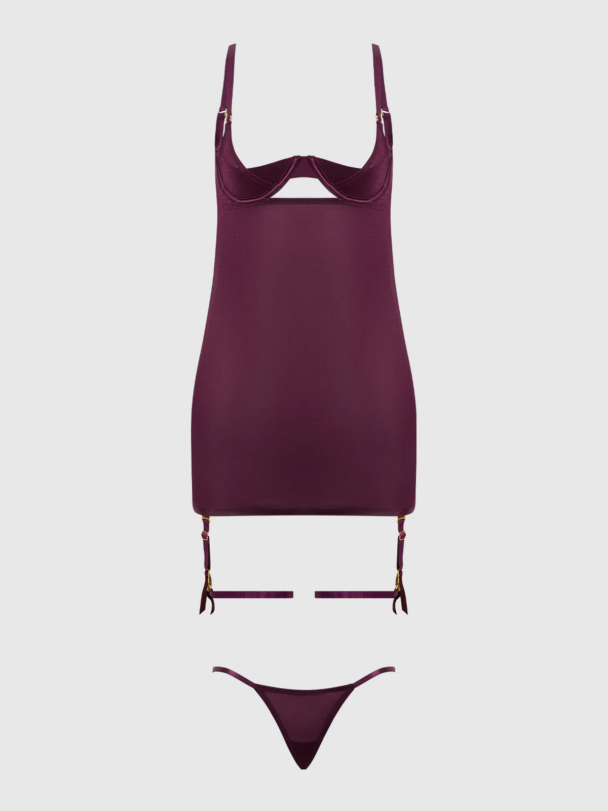 Pia Shine Mesh O-Ring Thigh Garter Chemise Set in Plum