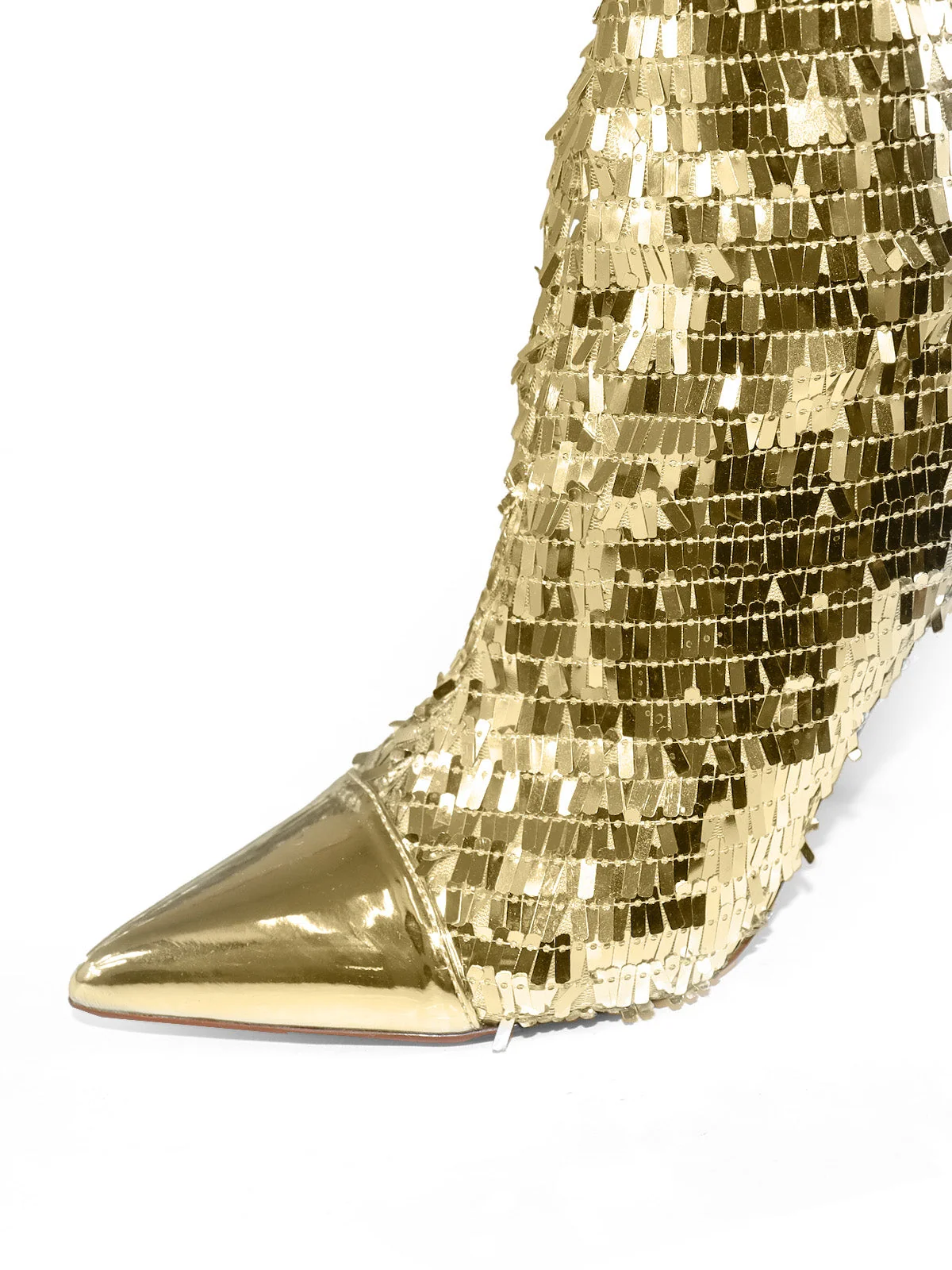 Vitoria Sequin Knee High Boots in Gold with Sleek Heel