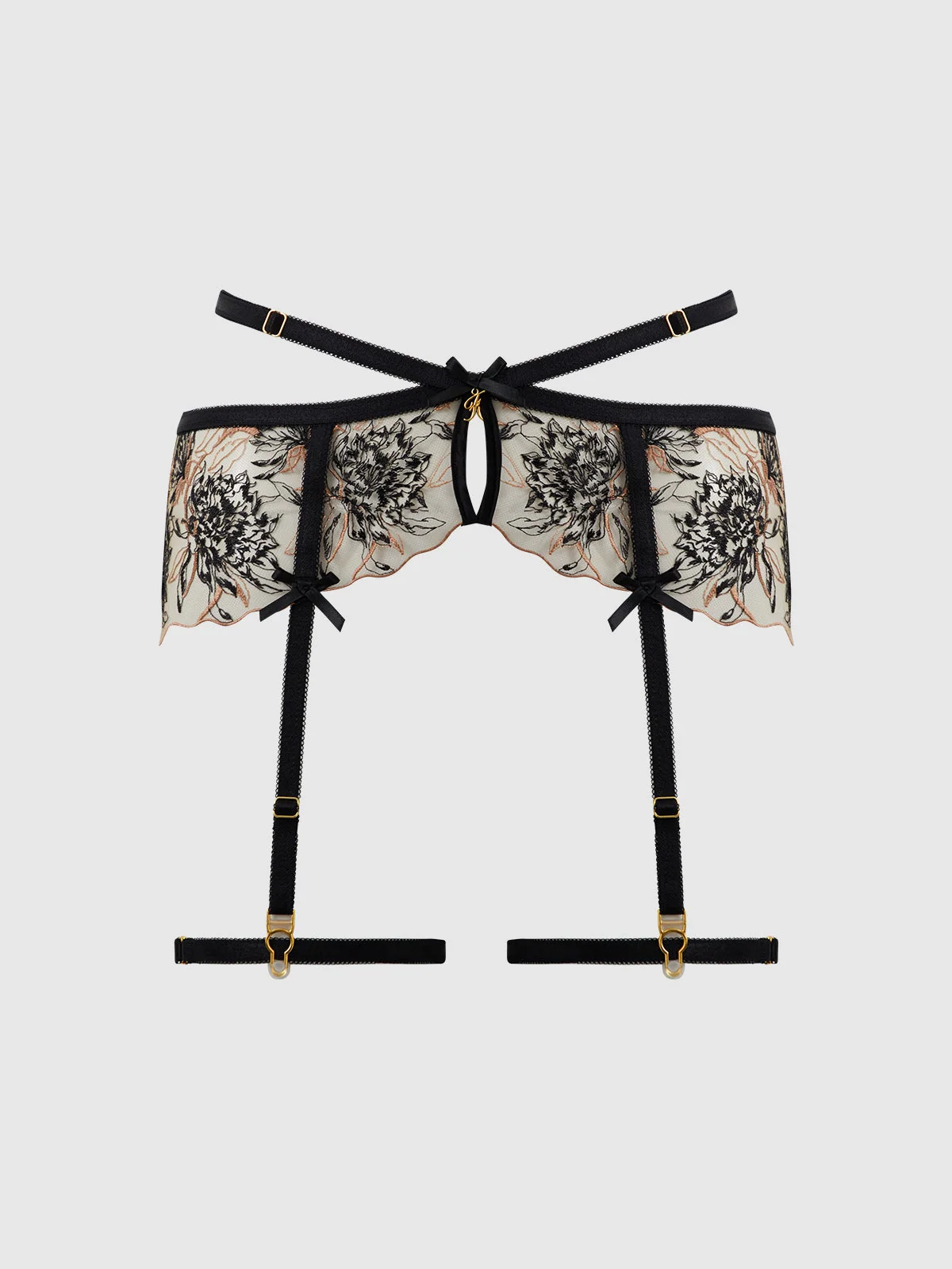 Delfina Embroidered Garter Belt With Thigh Garters in Black Taupe