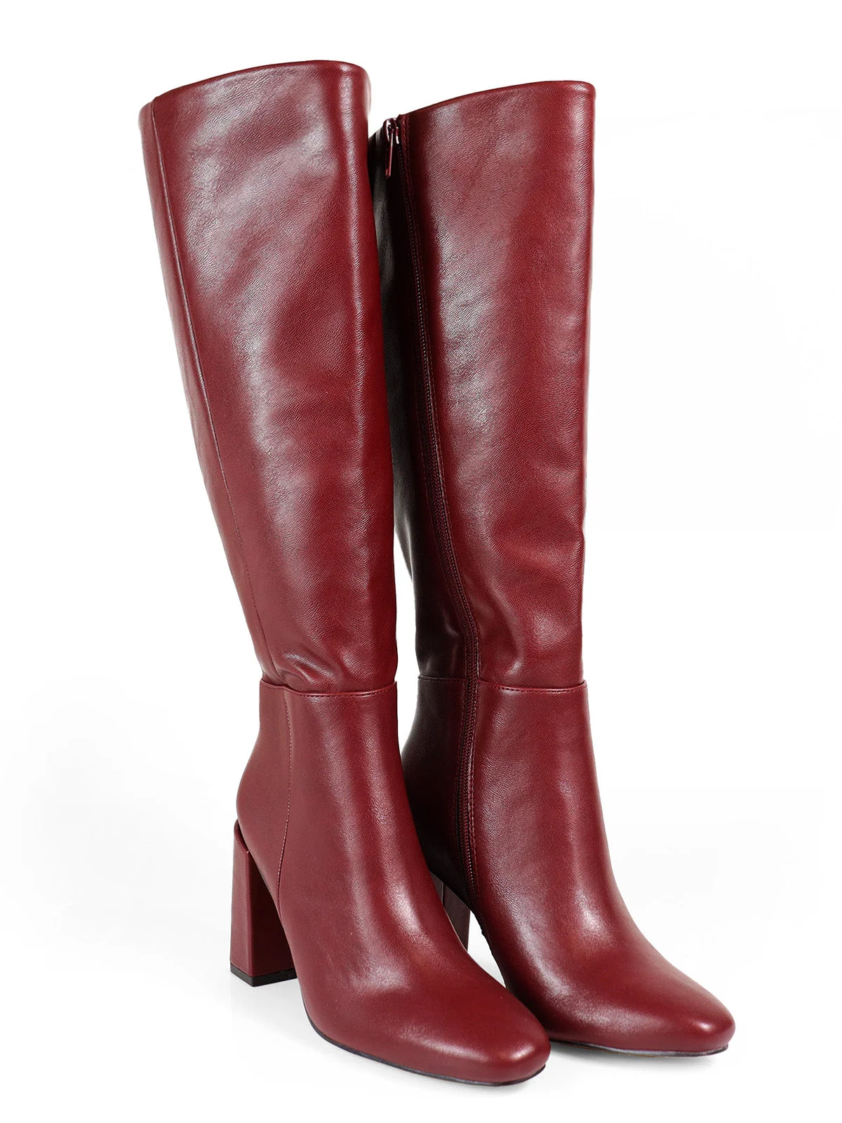 Frederick's of Hollywood Paola Knee High Boots with Chunky Heel in Burgundy