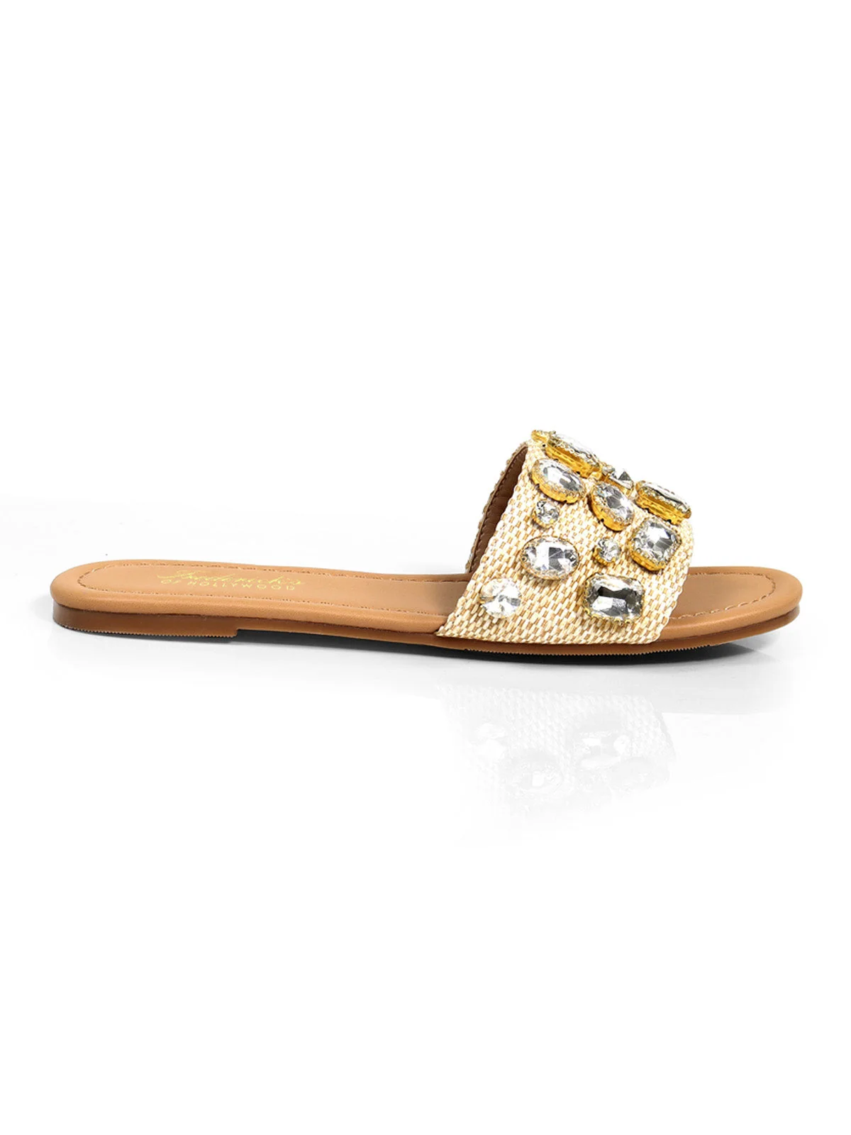 Delilah Open-Toe Flat Sandal with Rhinestones and Raffia Texture