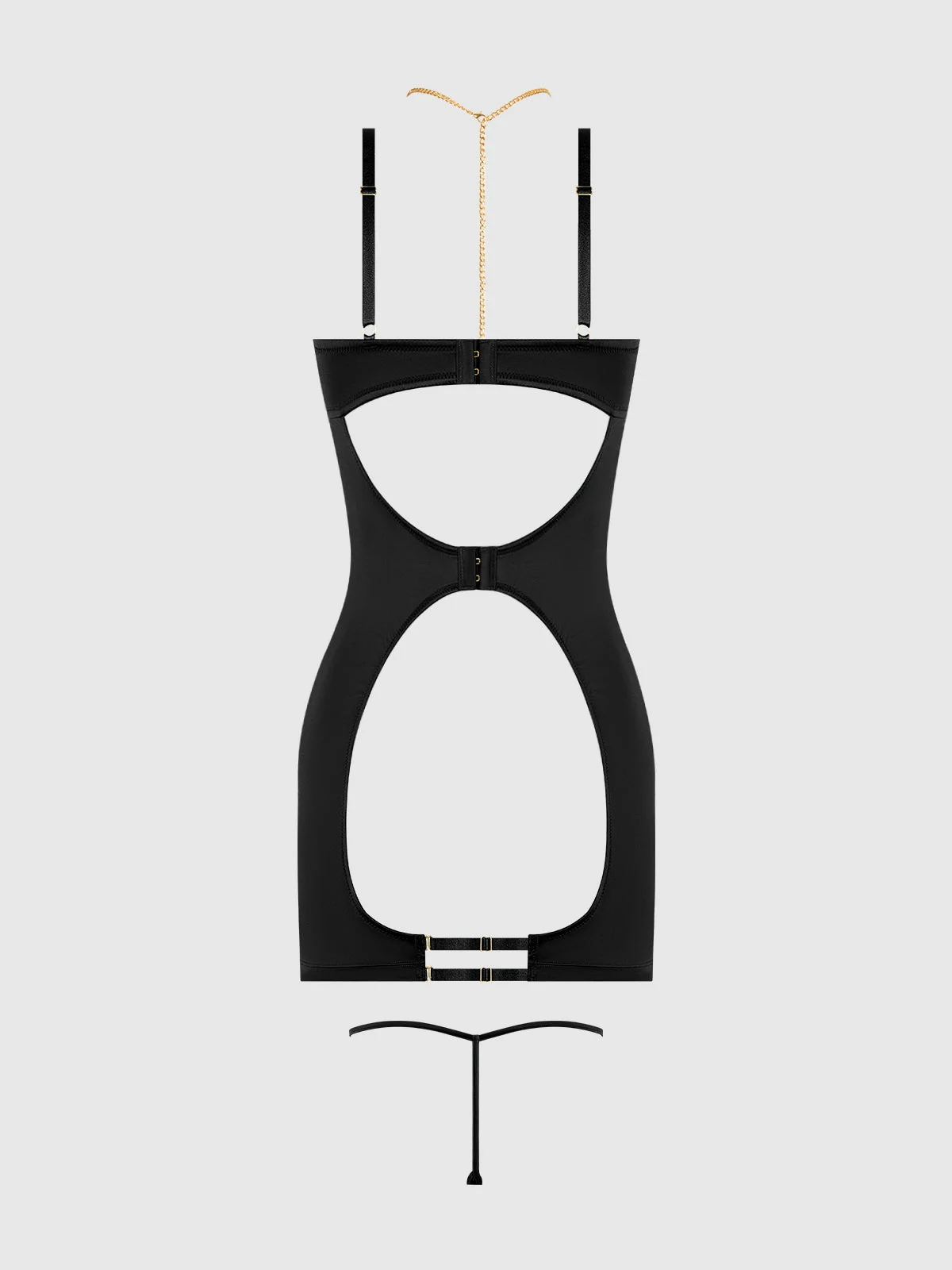 Emery Liquid Satin and Chain Open Cup Back Chemise Set in Black