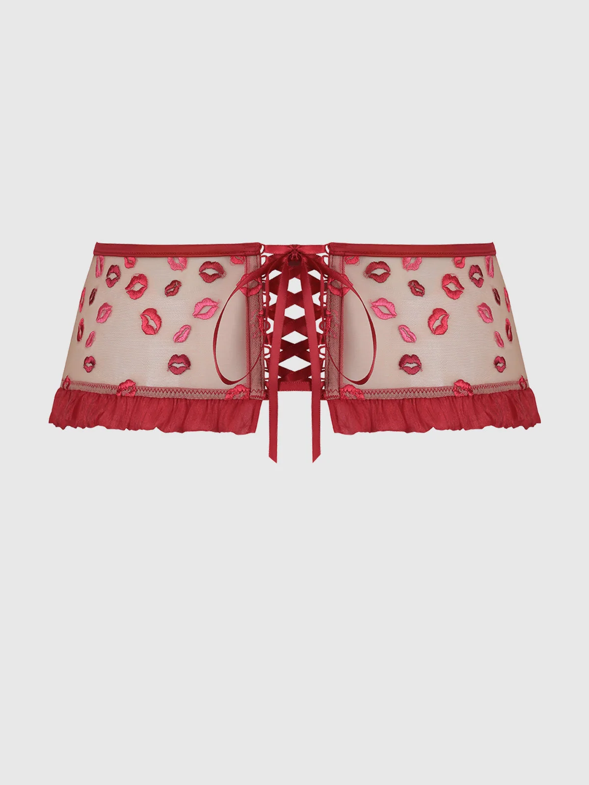 Angelica Lips Embroidery Garter Belt in Crimson Red Pink Dragon