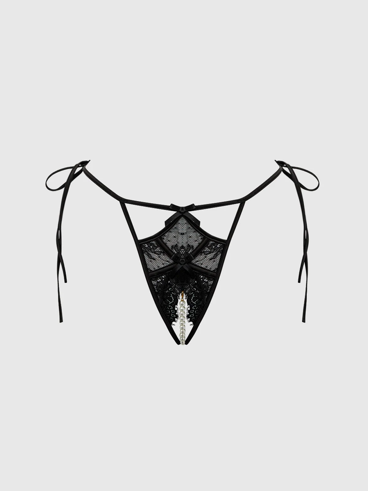Rosalind Lace Crotchless Bikini with Pearl Ties in Black