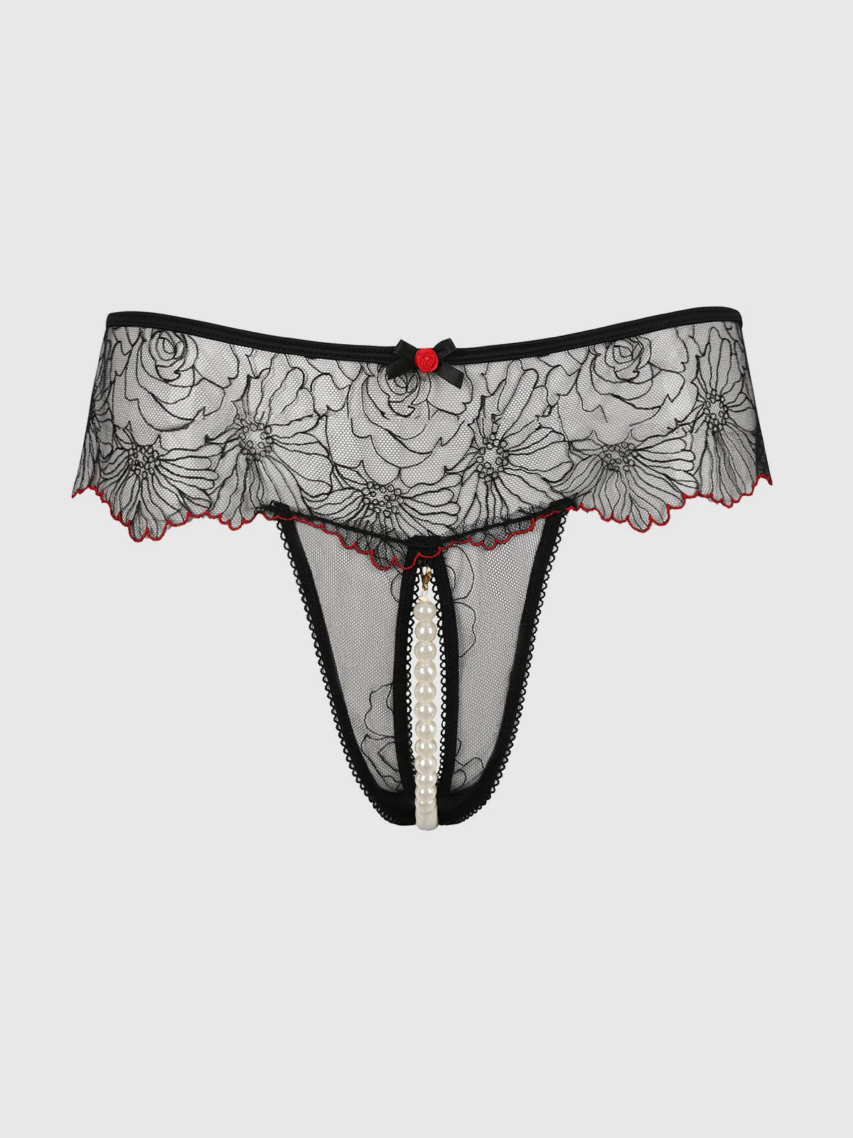 Ilaria Embroidered Tulle & Pearl Crotchless Thong in Black Crimson Red