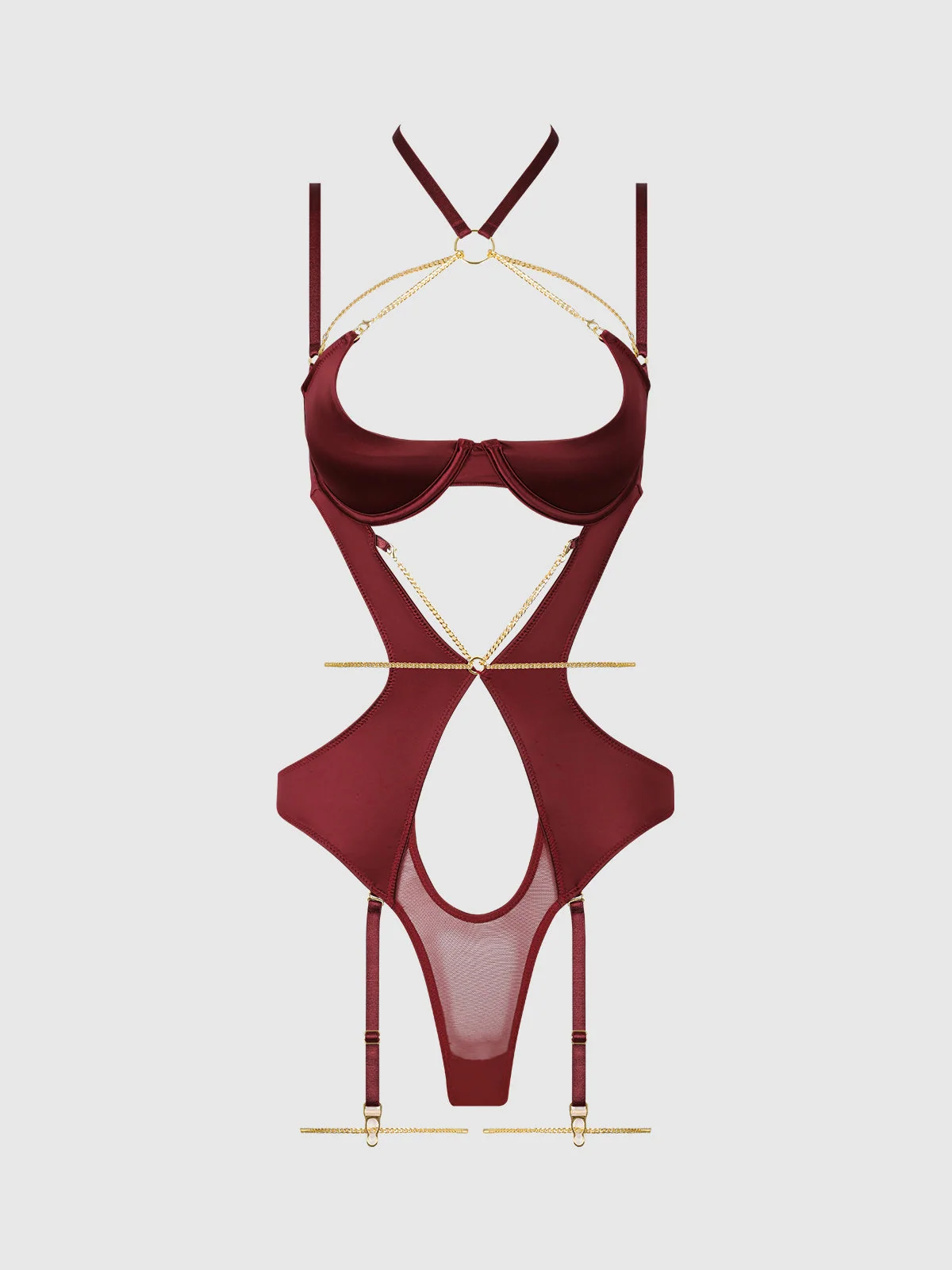 Emery Liquid Satin & Chain Halter Teddy