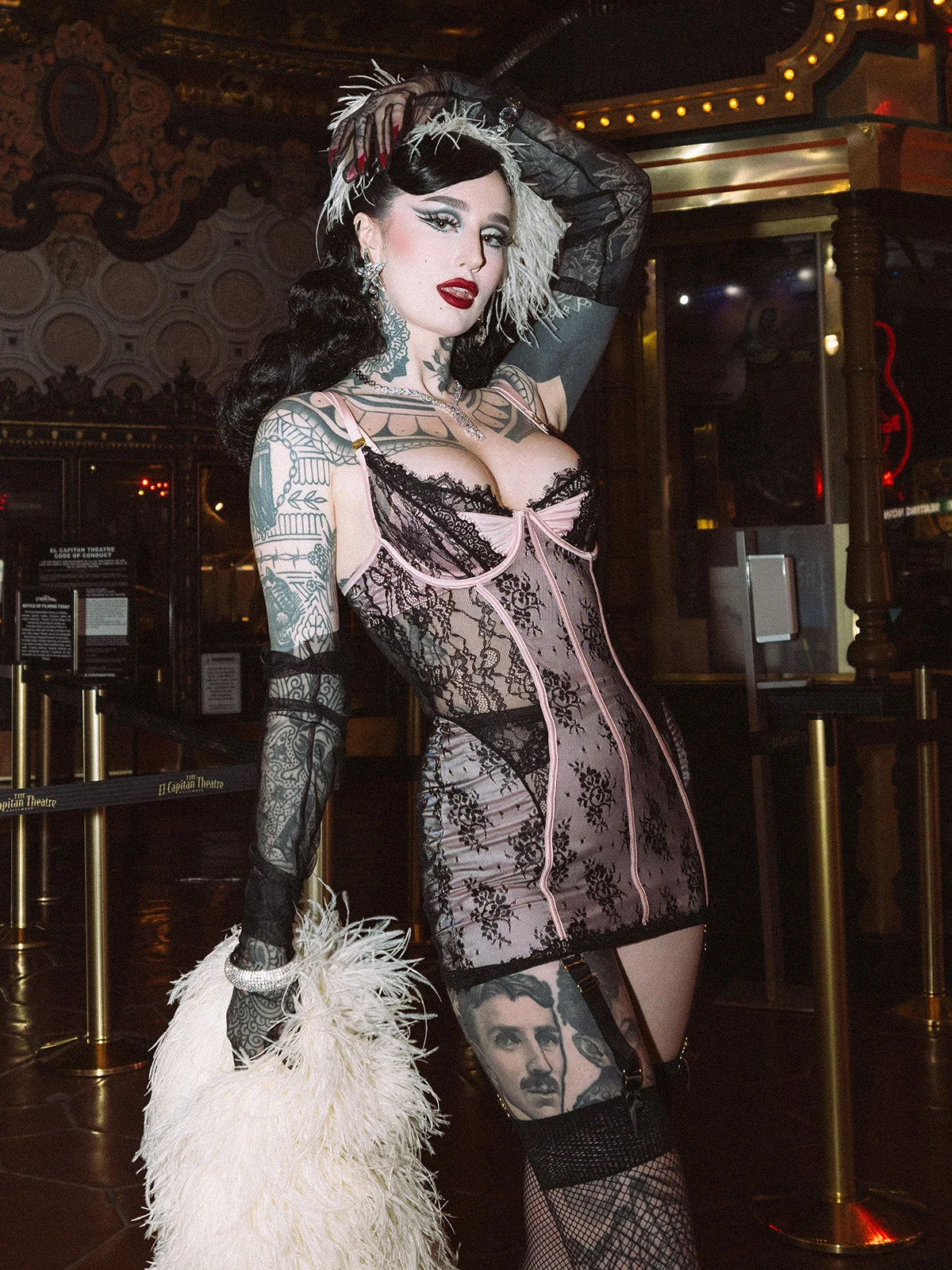 Rosalind Satin and Lace Underwire Chemise in Black and Light Pink