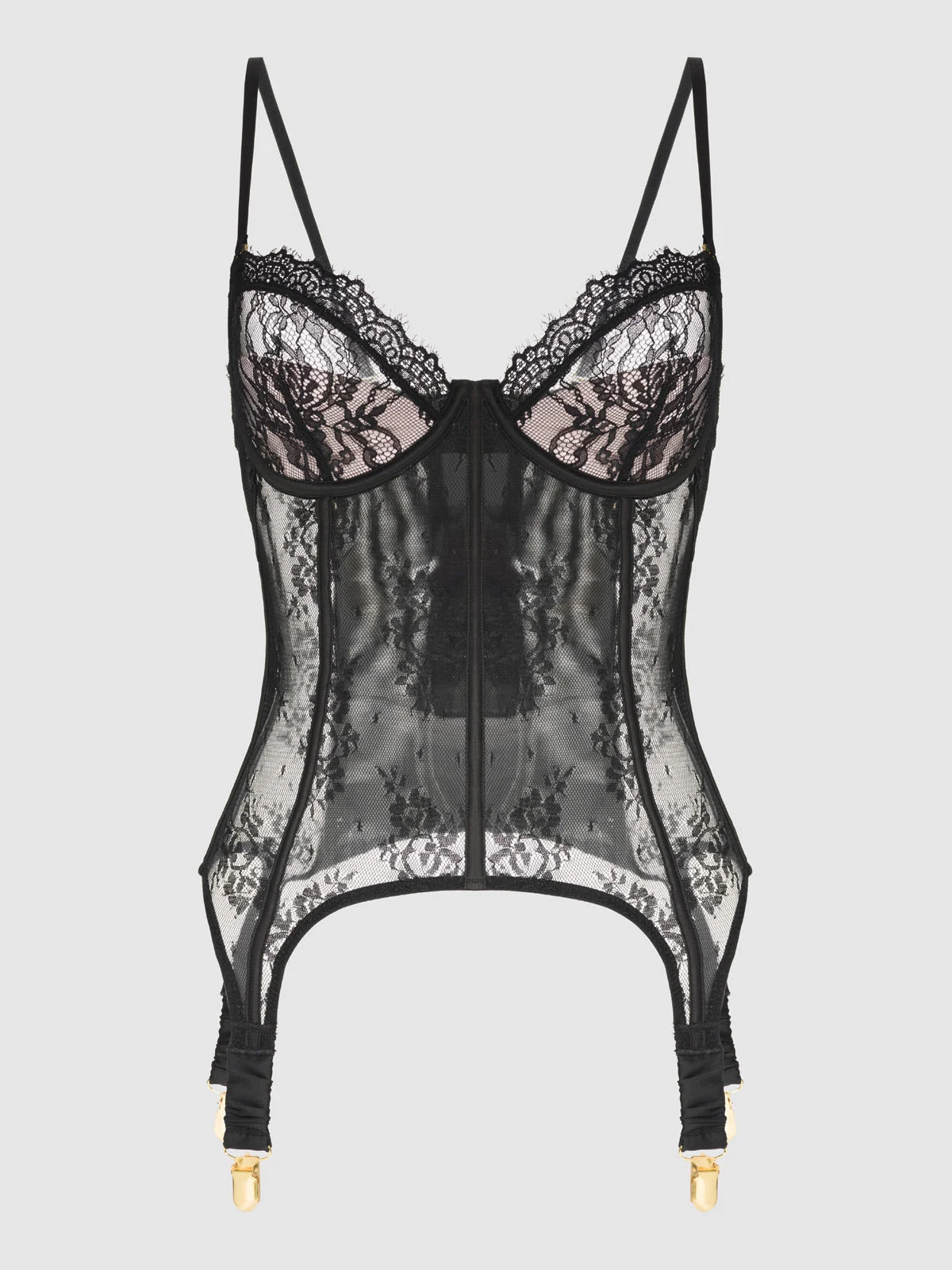 Rosalind Satin and Lace Underwire Lace Cup Corset in Black and Light Pink