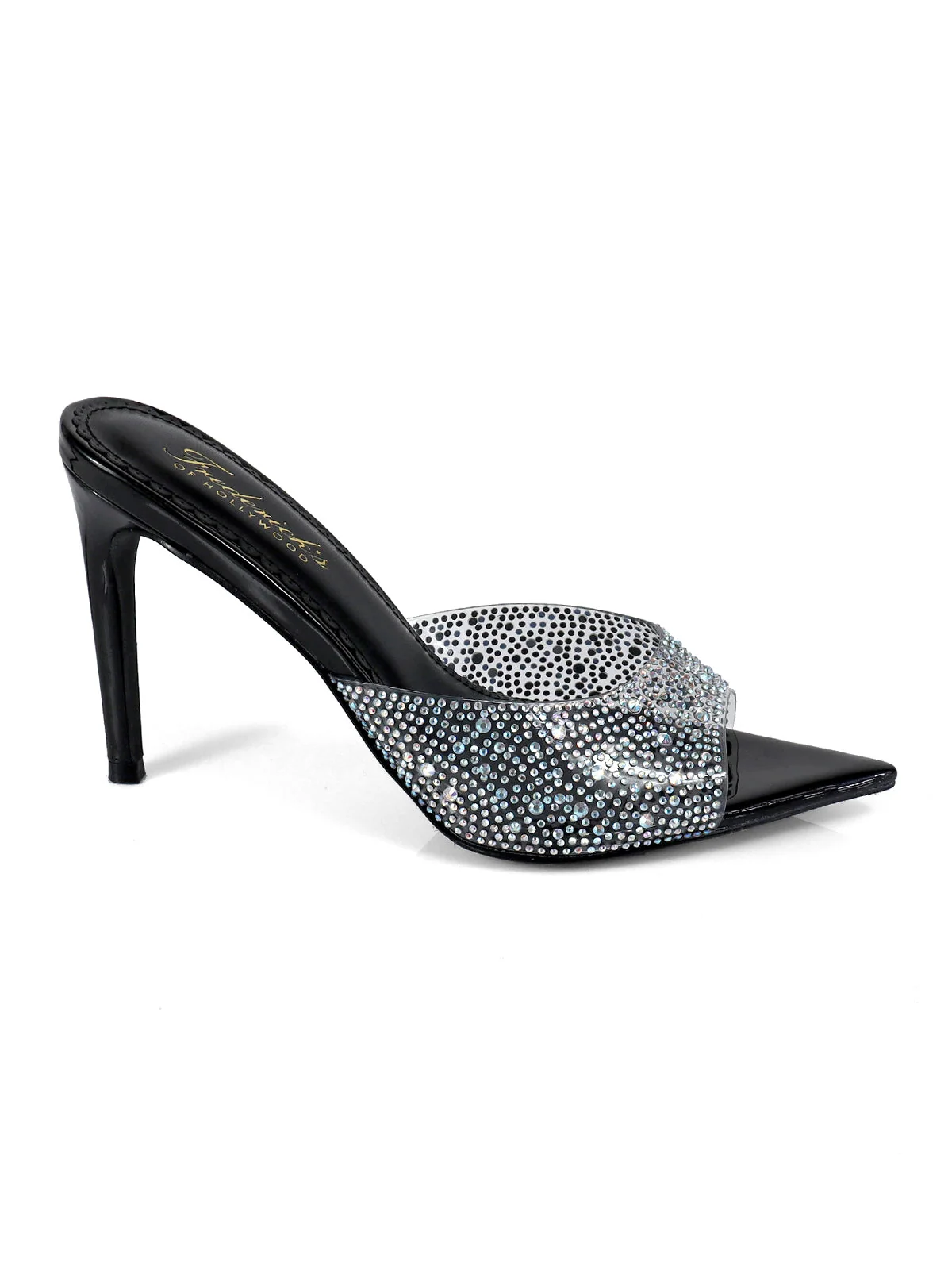 Nora Mule Black Satin Pointed-Toe Rhinestone Heels