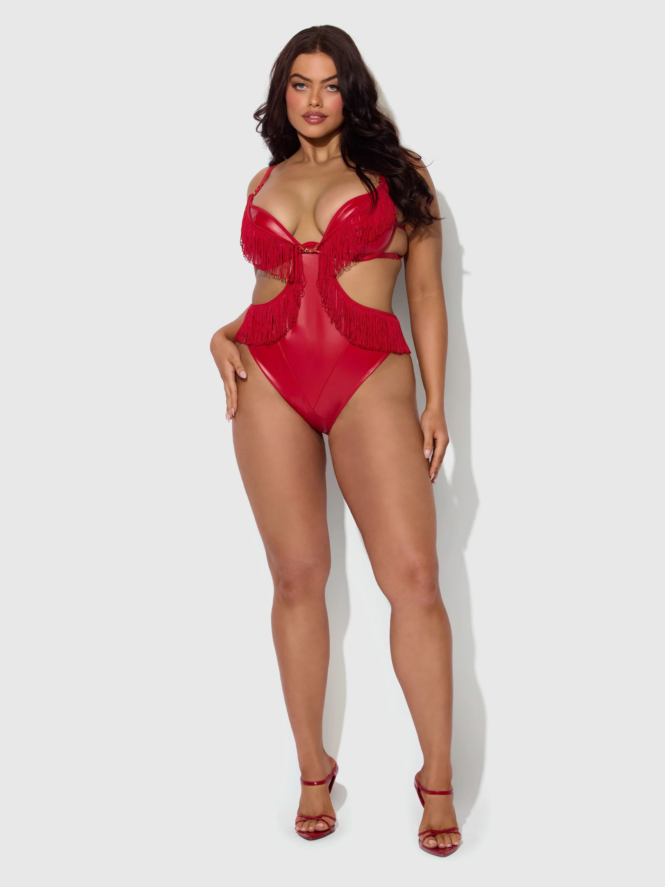 Hendrix Faux Leather & Fringe Crotchless Teddy in Crimson Red