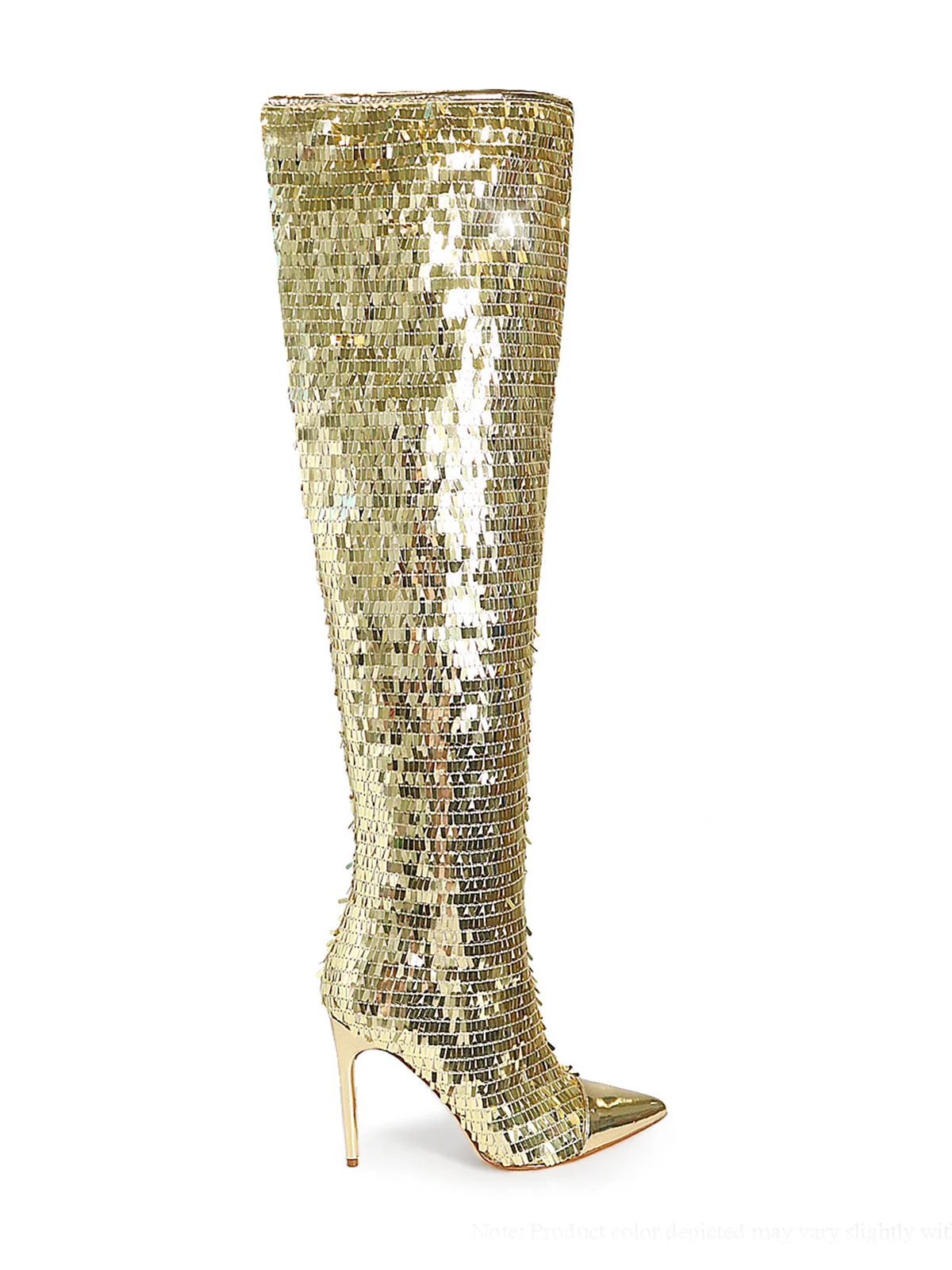 Vitoria Sequin Knee High Boots in Gold with Sleek Heel