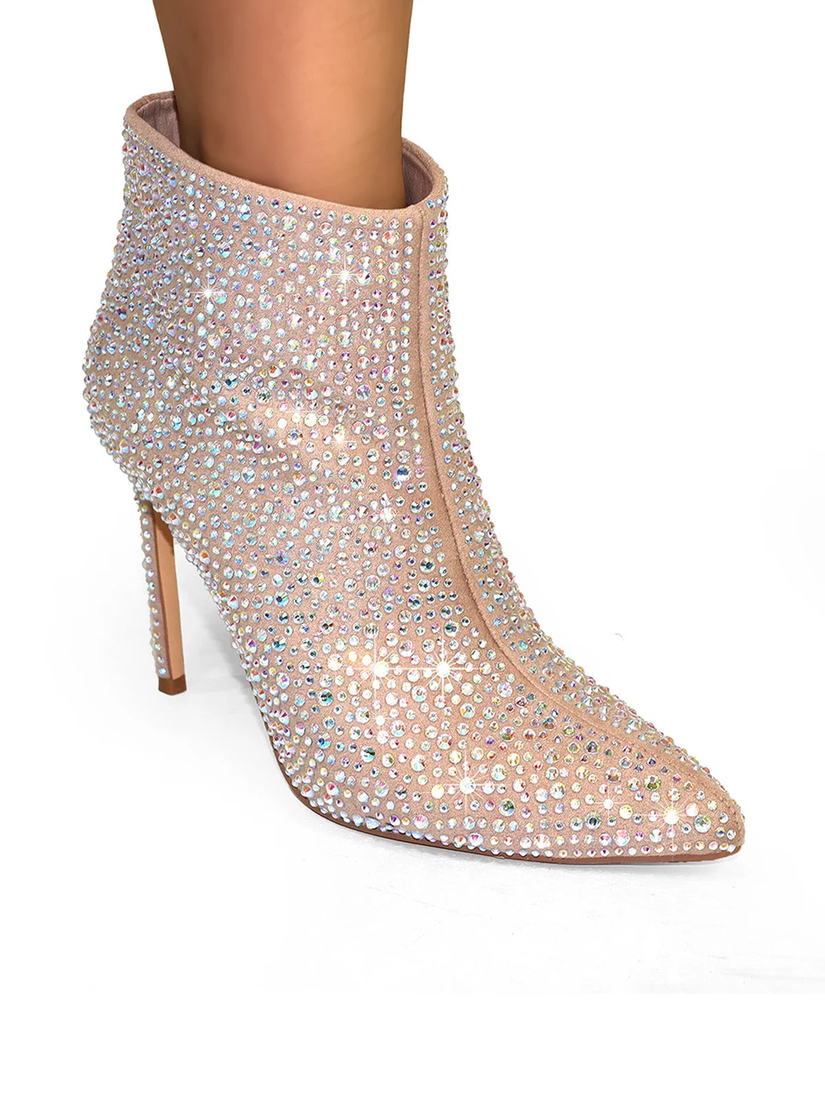 Izara Rhinestone Ankle Boots in Nude With Pointed Toe and Sleek Heel