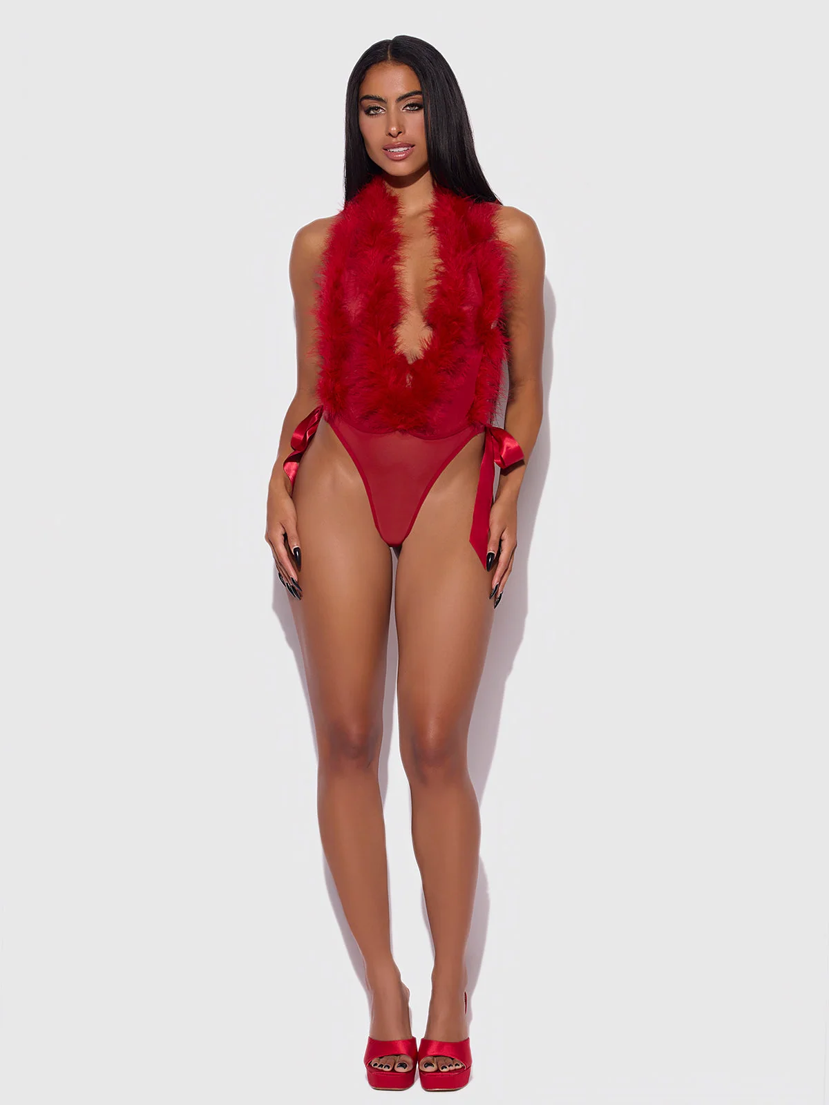 Scarlett Plunging Drop-Off Marabou Teddy in Crimson Red