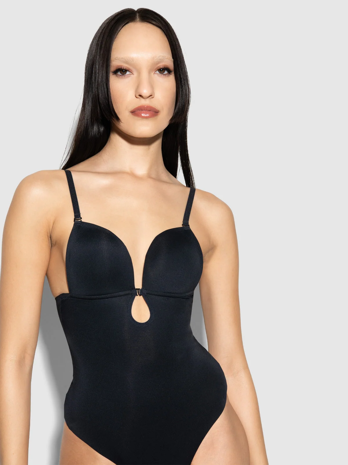 Hollywood Shape Bodysuit in Black with Plunge Front and Thong Back