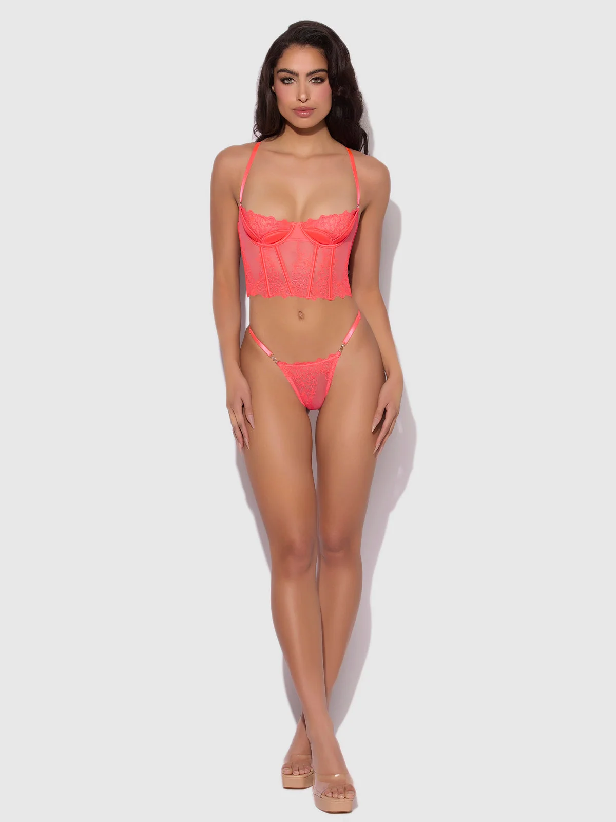 Wren Embroidered Tulip Demi Bustier in Coral