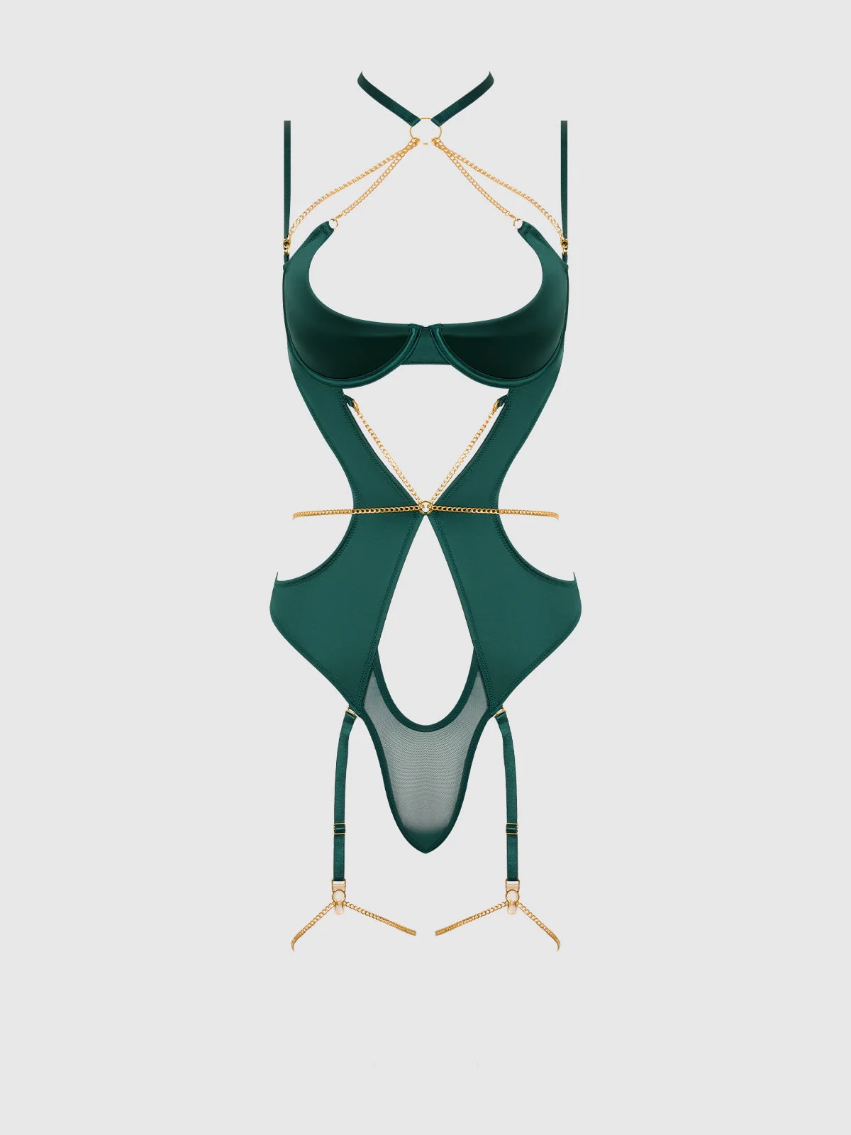 Emery Liquid Satin and Chain Halter Teddy in Emerald