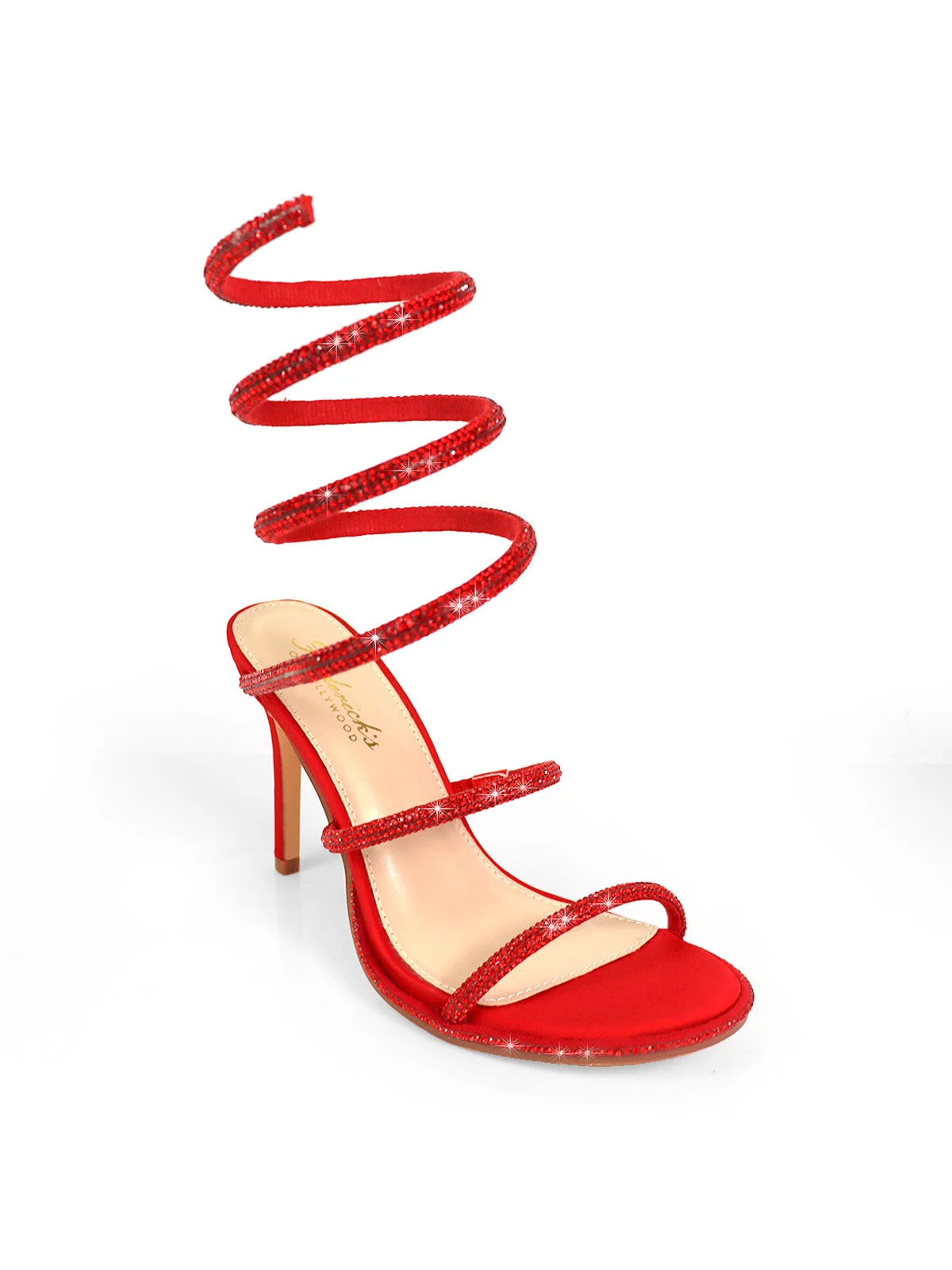 Lexia Rhinestone Open-Toe Stiletto Heel in Red